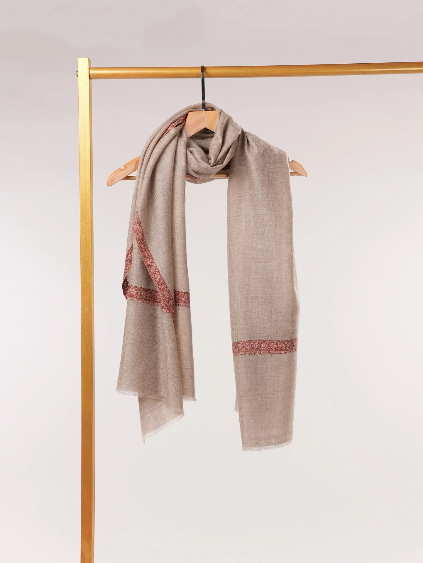 Natural Taupe Featherlight Cashmere Scarf with Classic Hand Embroidery Shahkaar.com