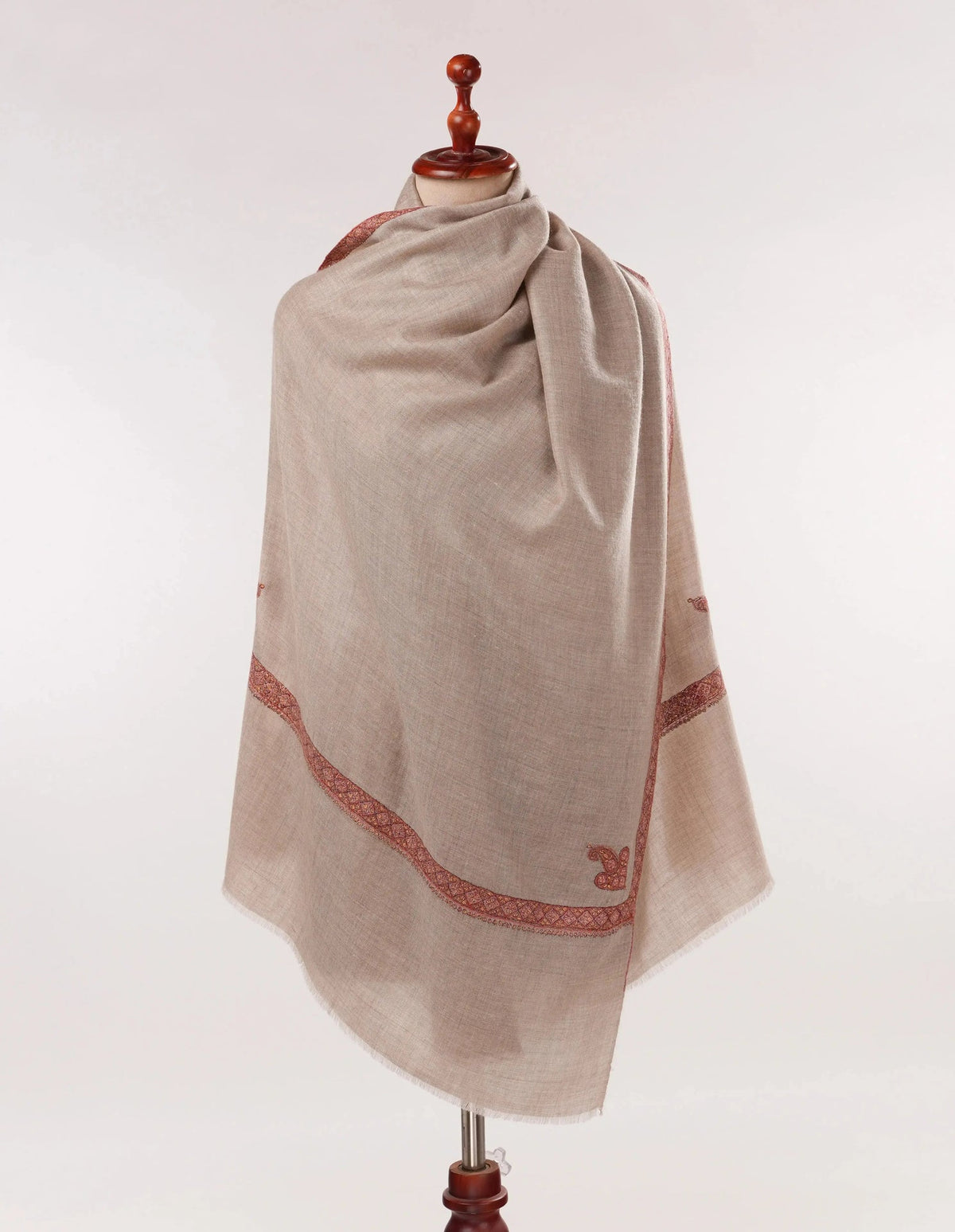 Natural Taupe Featherlight Cashmere Scarf with Classic Hand Embroidery Shahkaar.com