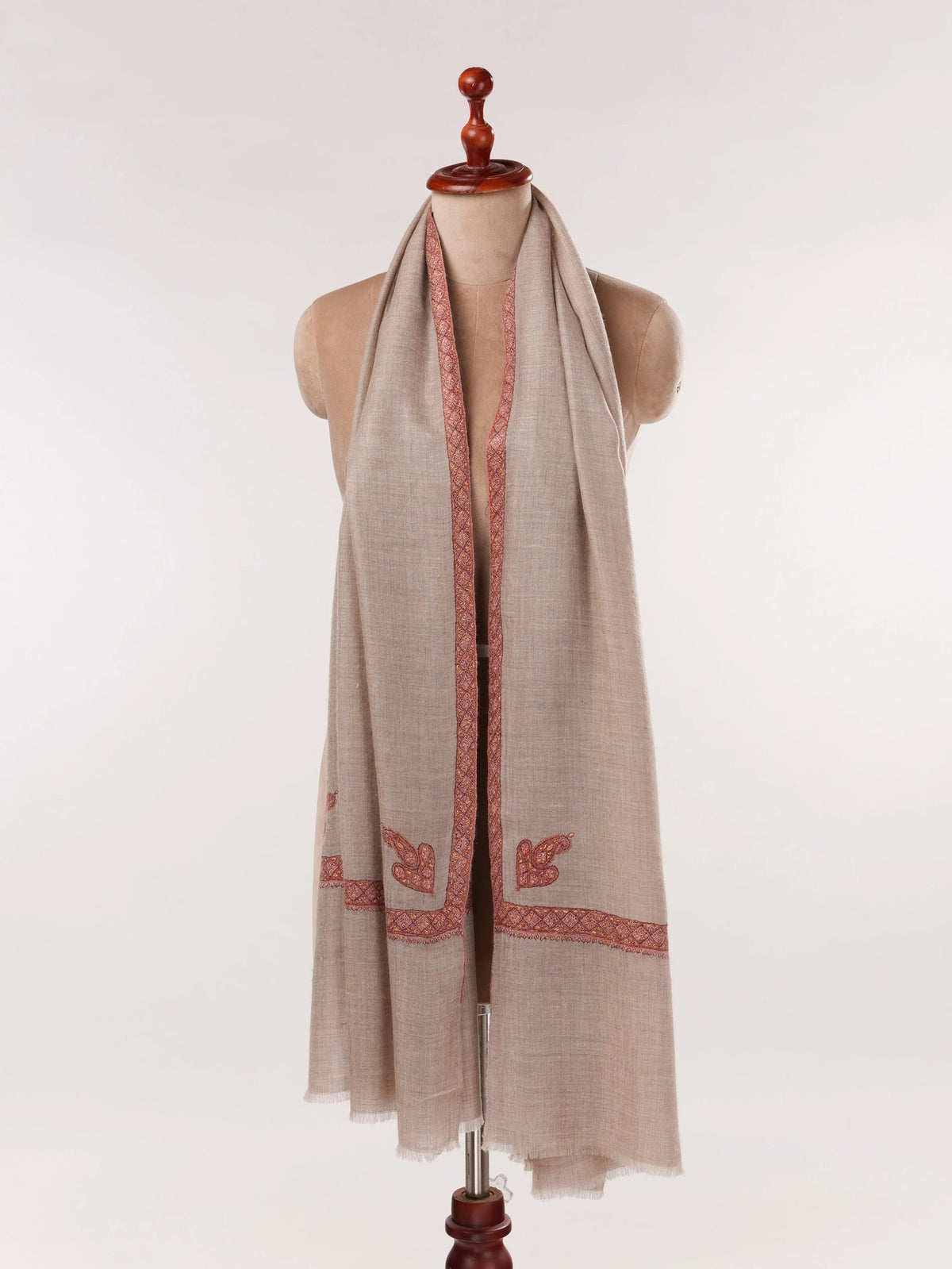Natural Taupe Featherlight Cashmere Scarf with Classic Hand Embroidery Shahkaar.com