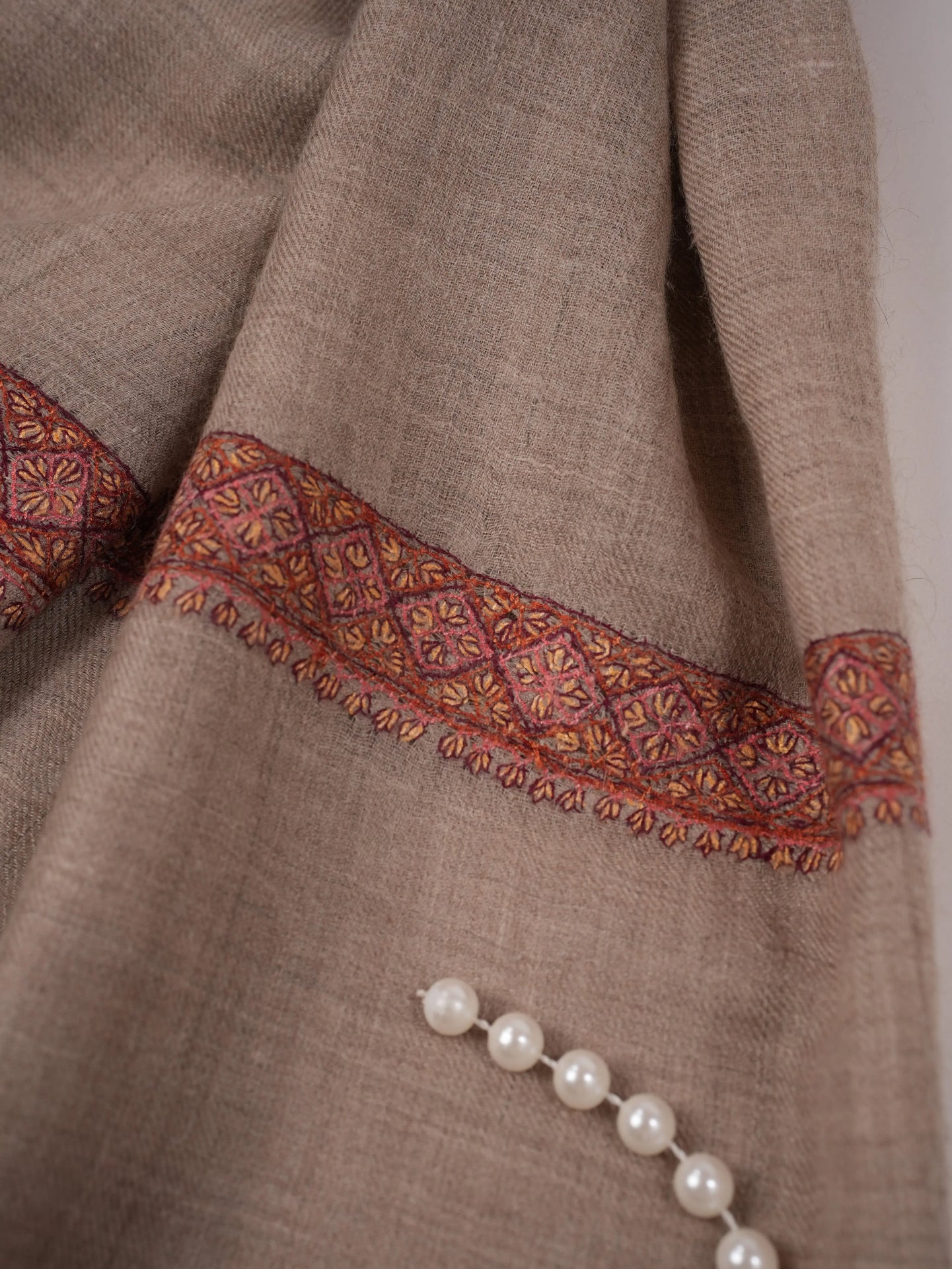 Natural Taupe Featherlight Cashmere Scarf with Classic Hand Embroidery Shahkaar.com