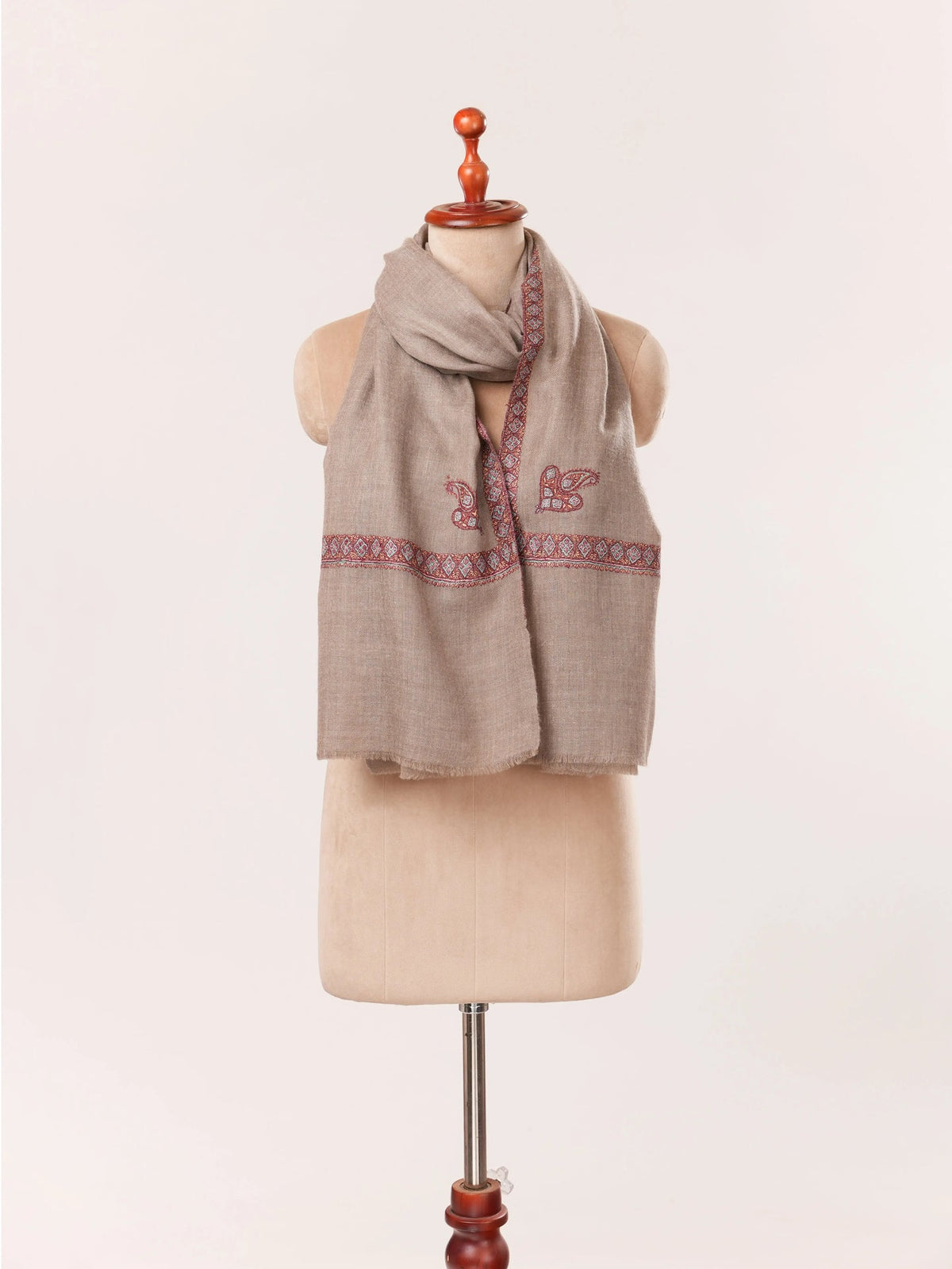 Hashia Sozni Embroidered Natural Taupe Handwoven Kashmiri Cashmere Scarf Shahkaar.com