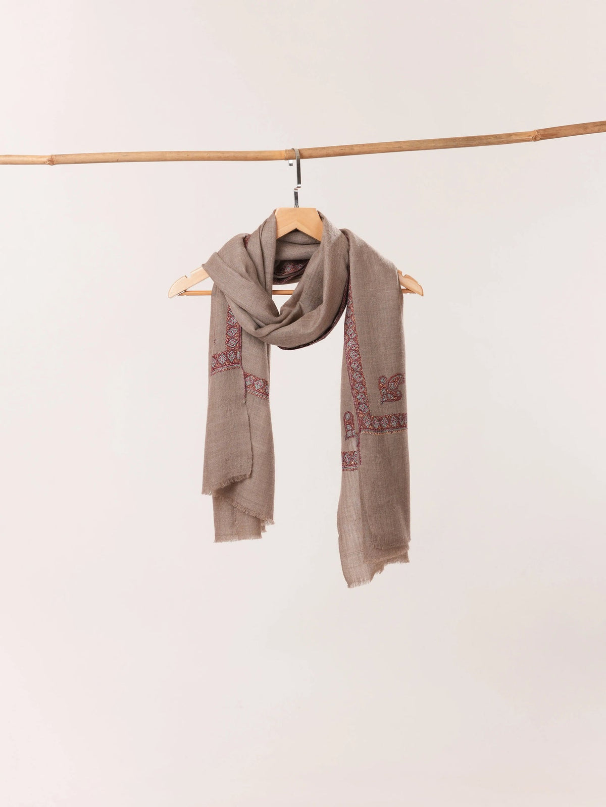 Hashia Sozni Embroidered Natural Taupe Handwoven Kashmiri Cashmere Scarf Shahkaar.com
