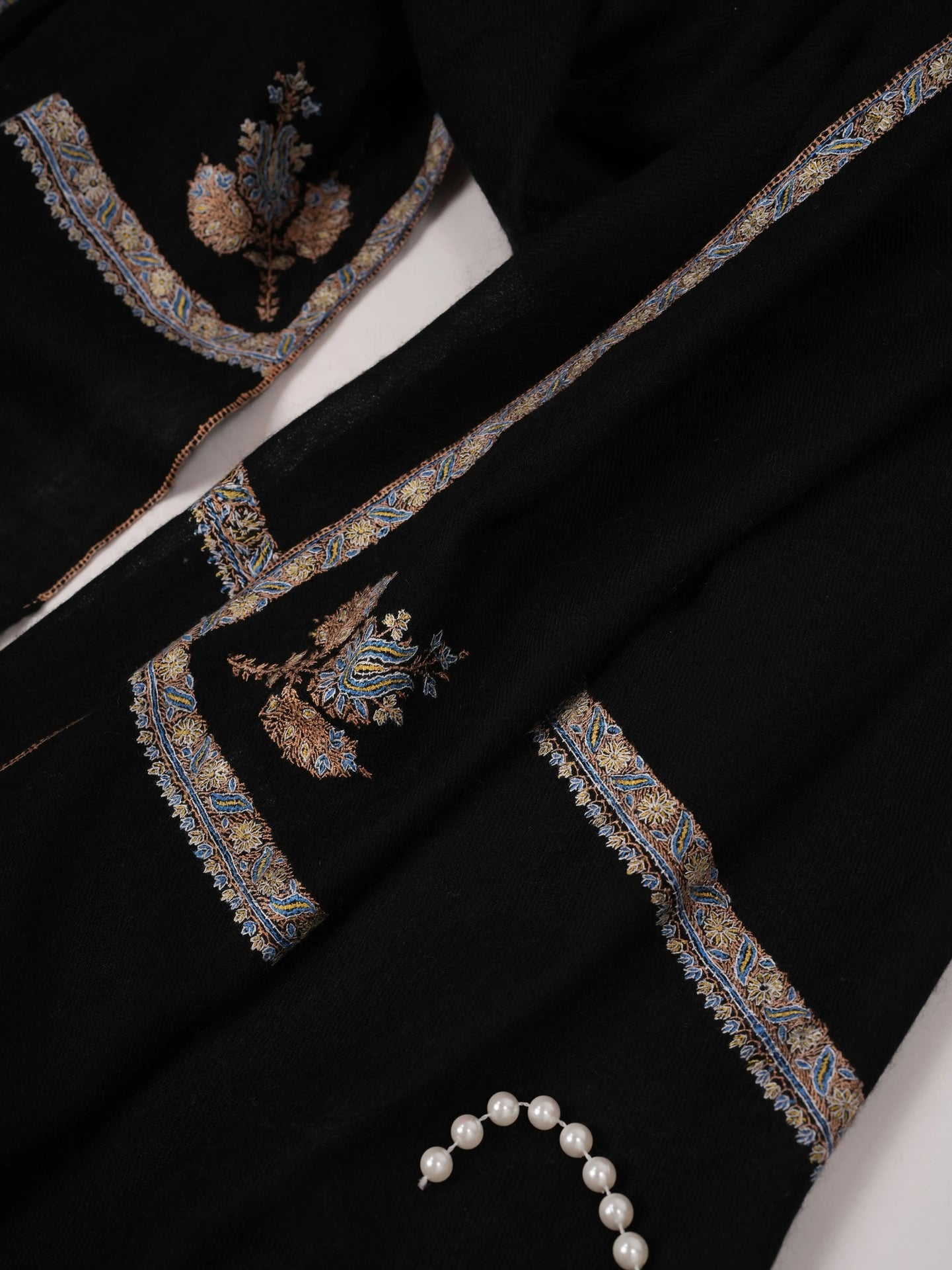 Handwoven Black Kashmiri Pashmina Shawl with Baildar Hand Sozni Embroidery Shahkaar.com