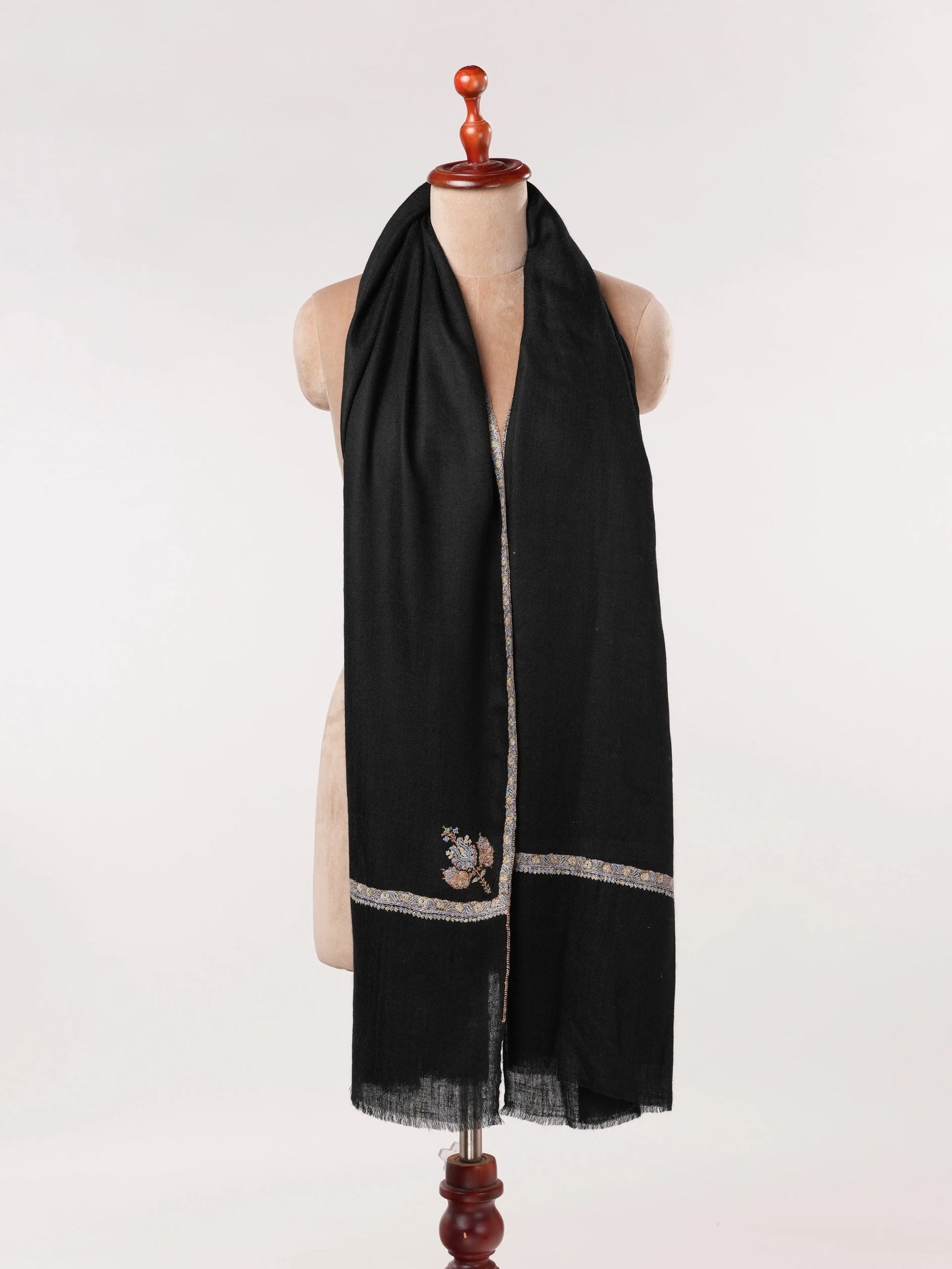 Handwoven Black Kashmiri Pashmina Shawl with Baildar Hand Sozni Embroidery Shahkaar.com