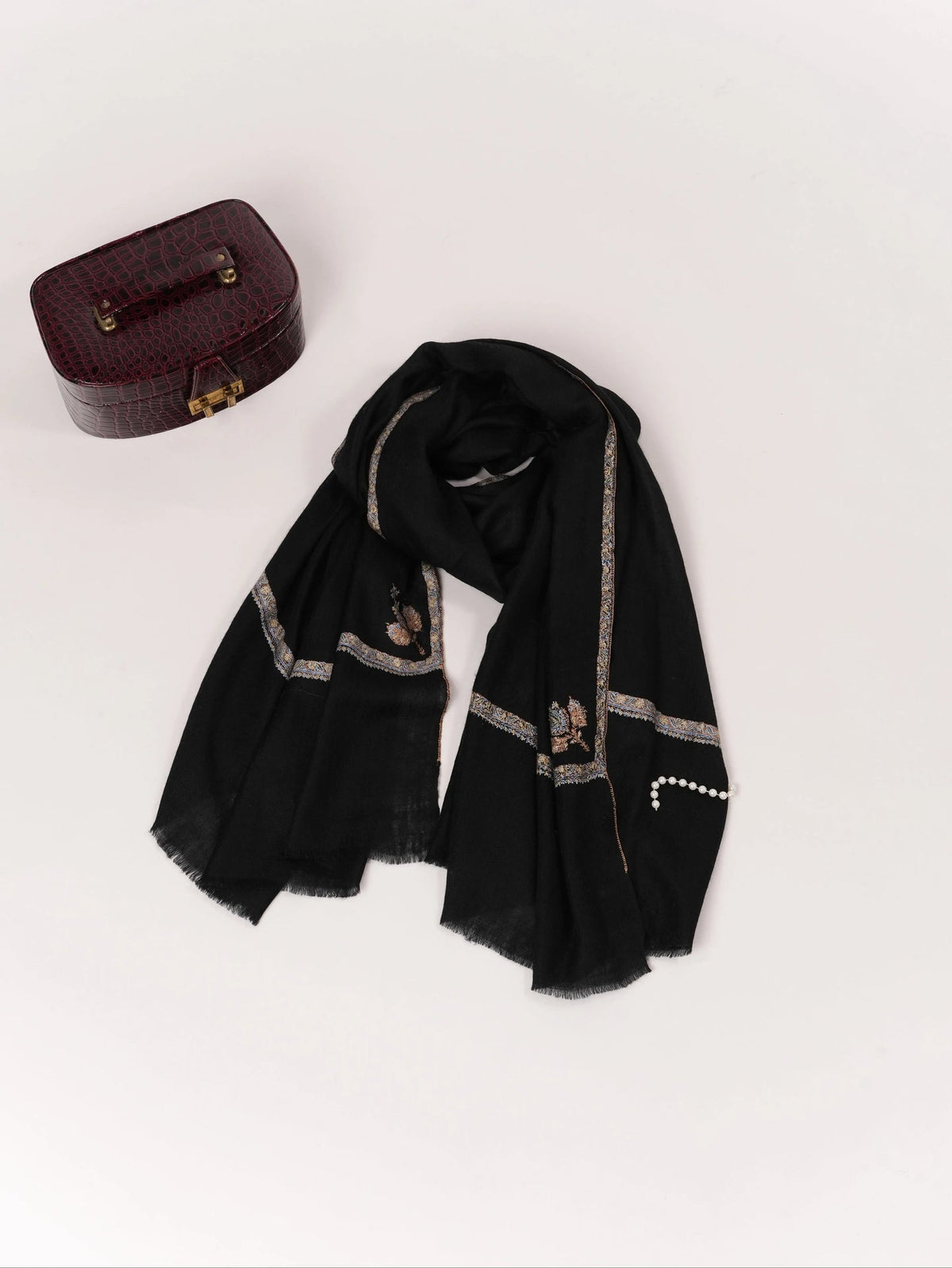 Handwoven Black Kashmiri Pashmina Shawl with Baildar Hand Sozni Embroidery Shahkaar.com