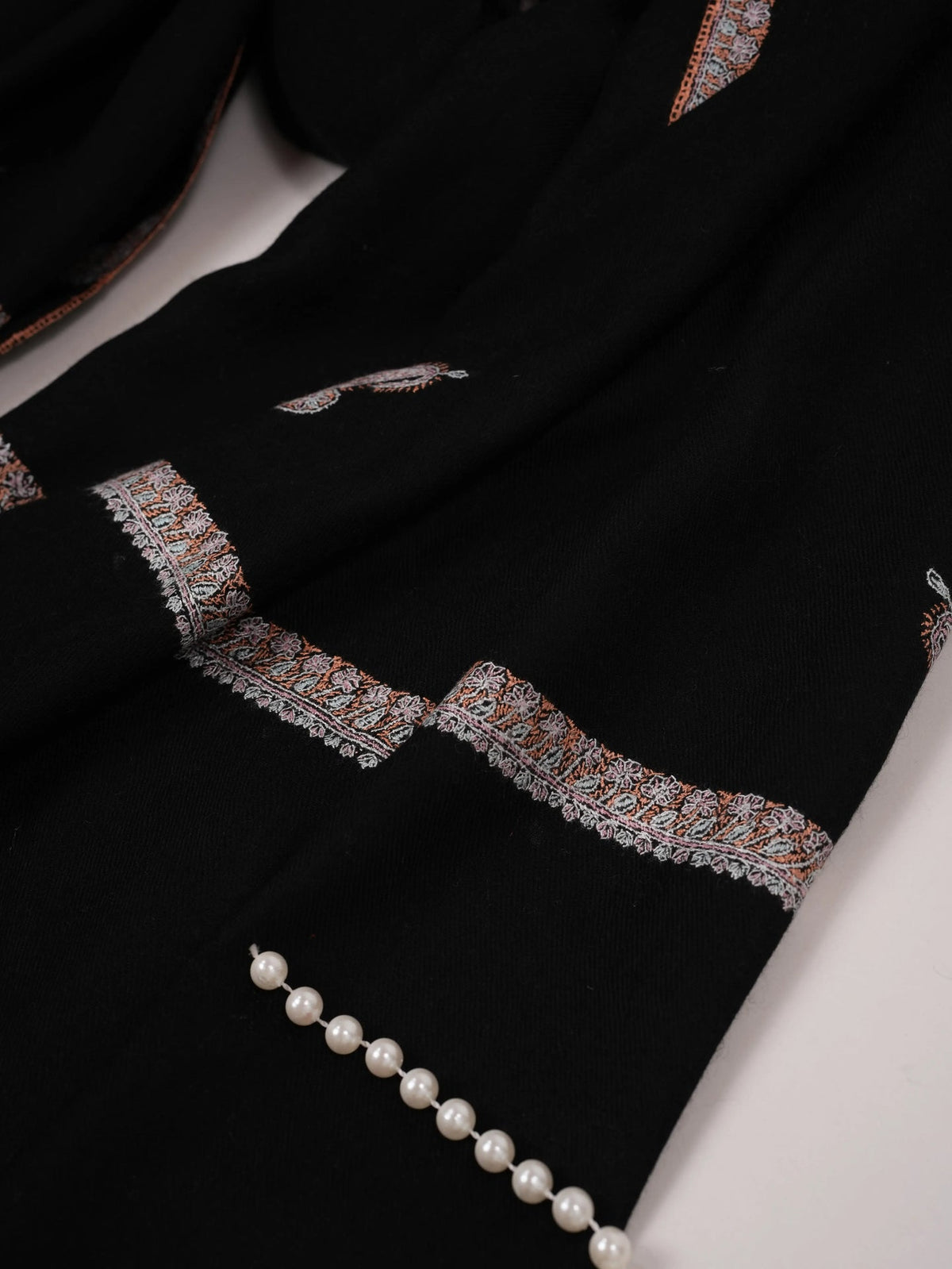 Soft Pashmina Kashmiri Handwoven Black Shawl with Baildar Hand Sozni Embroidery Shahkaar.com