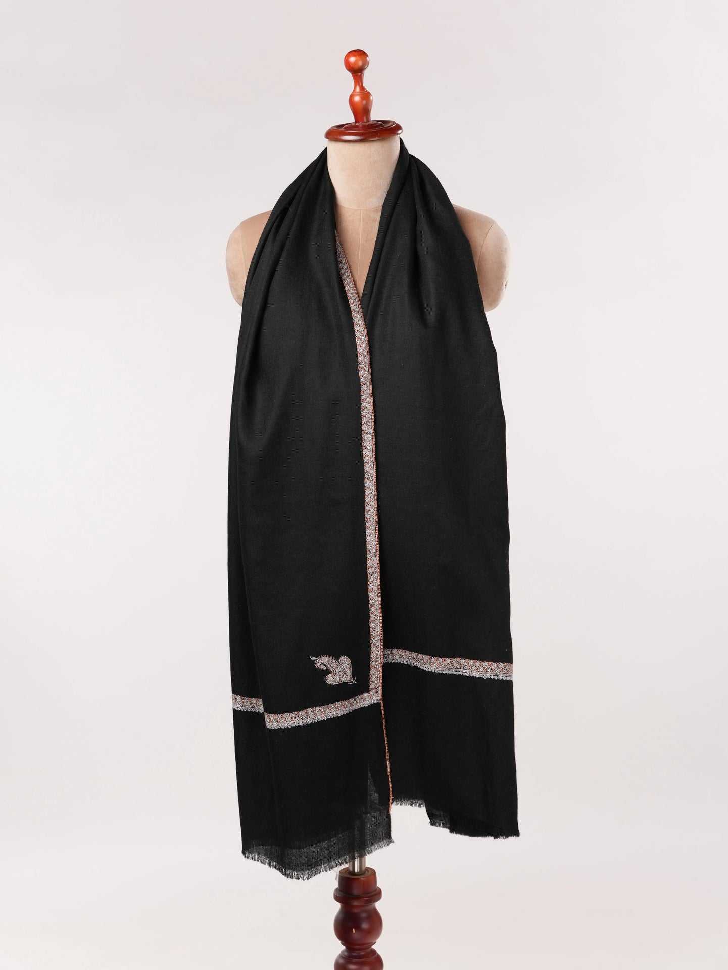 Soft Pashmina Kashmiri Handwoven Black Shawl with Baildar Hand Sozni Embroidery Shahkaar.com
