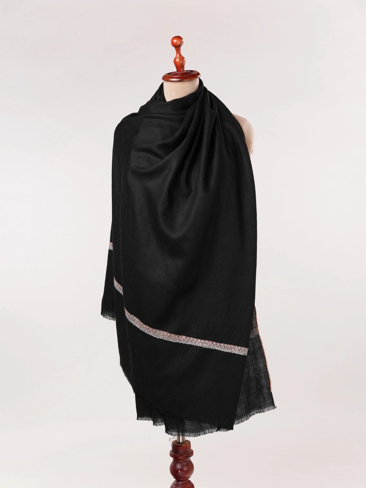 Soft Pashmina Kashmiri Handwoven Black Shawl with Baildar Hand Sozni Embroidery Shahkaar.com