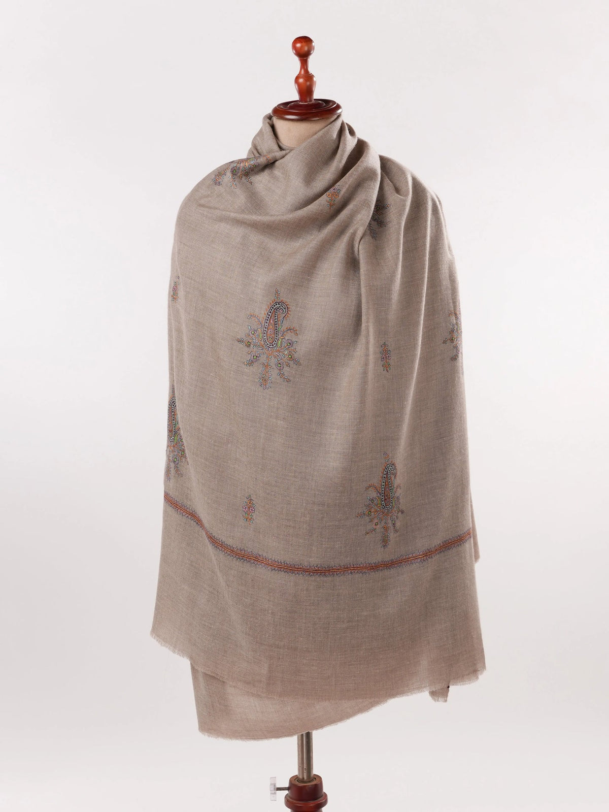 Beige Handwoven Classic Pashmina Shawl with Buteh Hand Sozni Embroidery Shahkaar.com