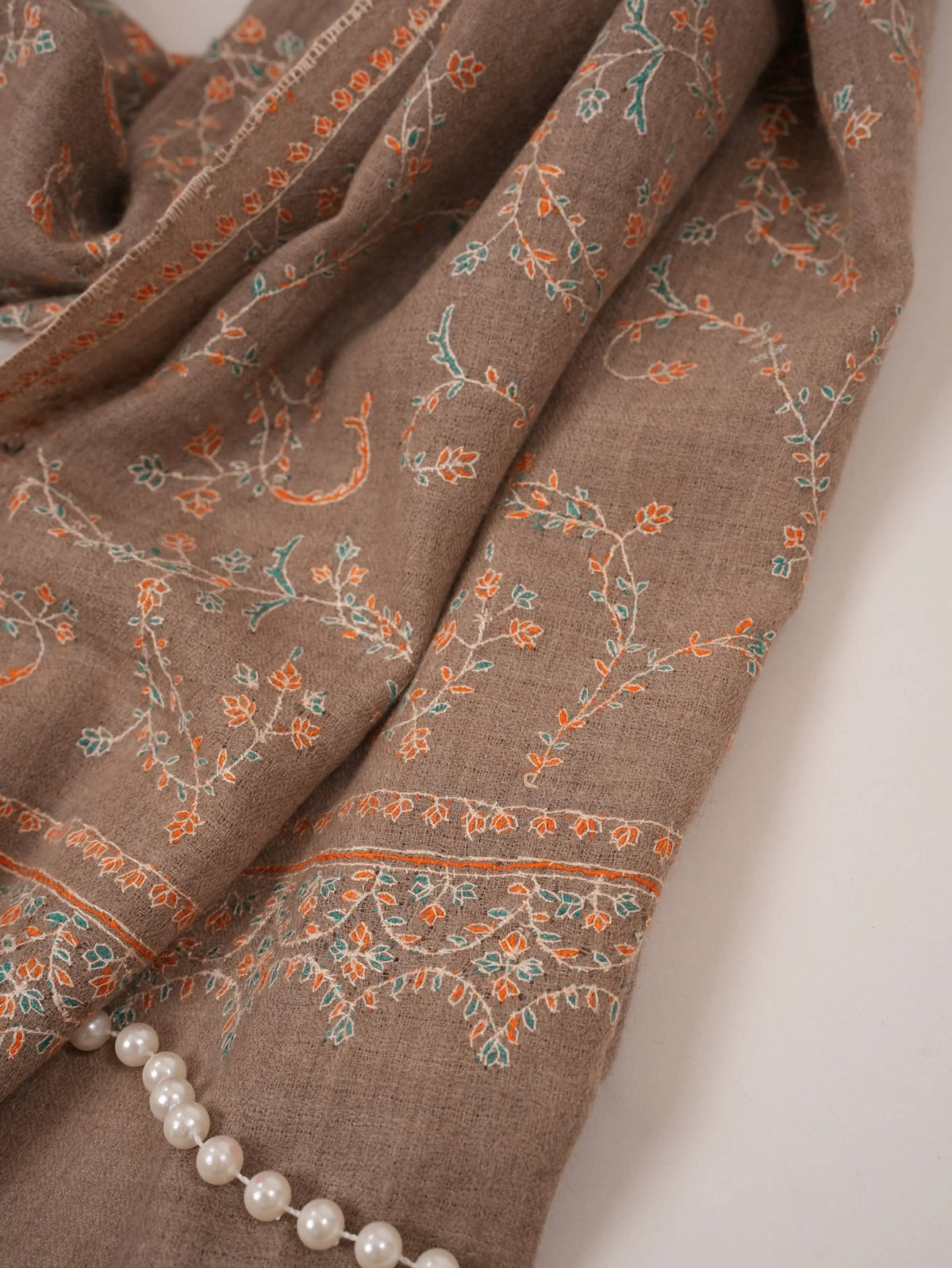 Jali Sozni Embroidery Natural Taupe Handwoven Authentic Cashmere Scarf Shahkaar.com