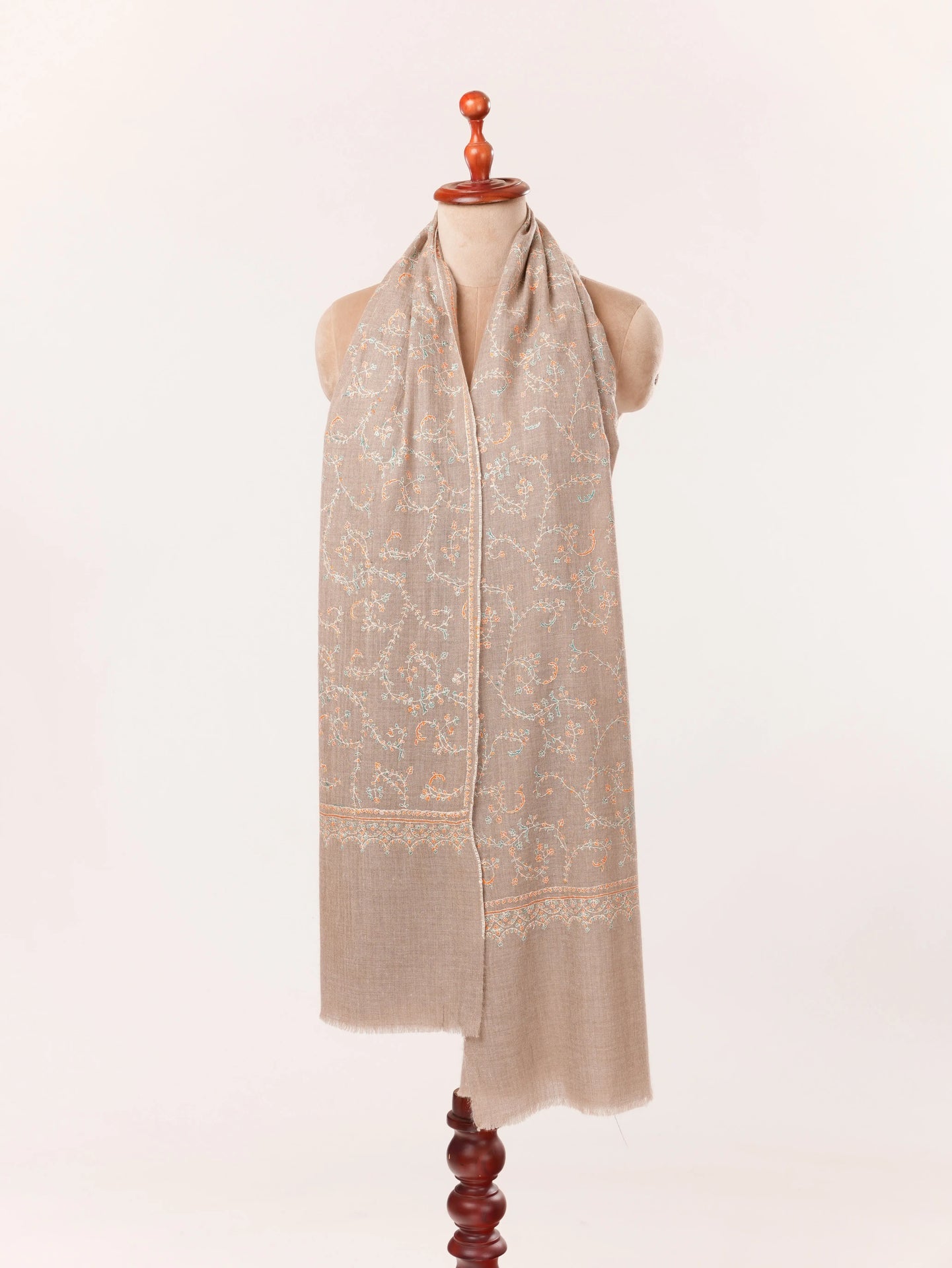 Jali Sozni Embroidery Natural Taupe Handwoven Authentic Cashmere Scarf Shahkaar.com