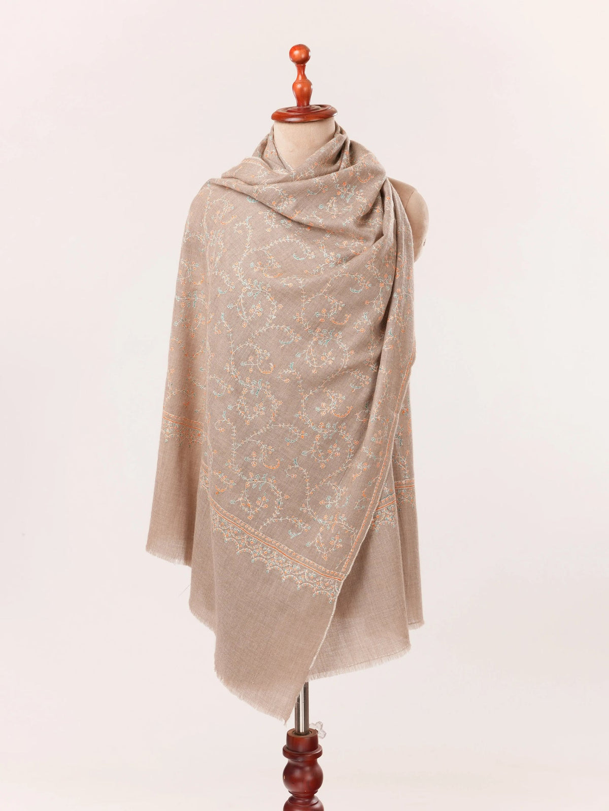 Jali Sozni Embroidery Natural Taupe Handwoven Authentic Cashmere Scarf Shahkaar.com