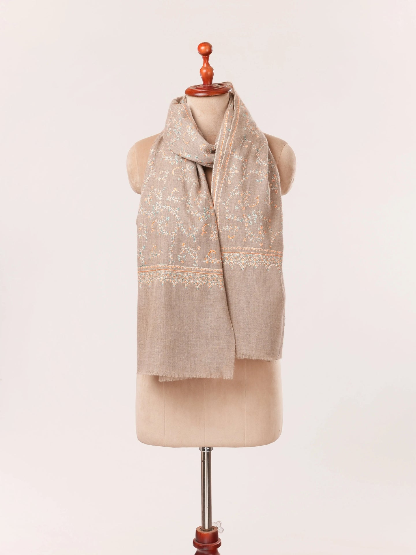 Jali Sozni Embroidery Natural Taupe Handwoven Authentic Cashmere Scarf Shahkaar.com