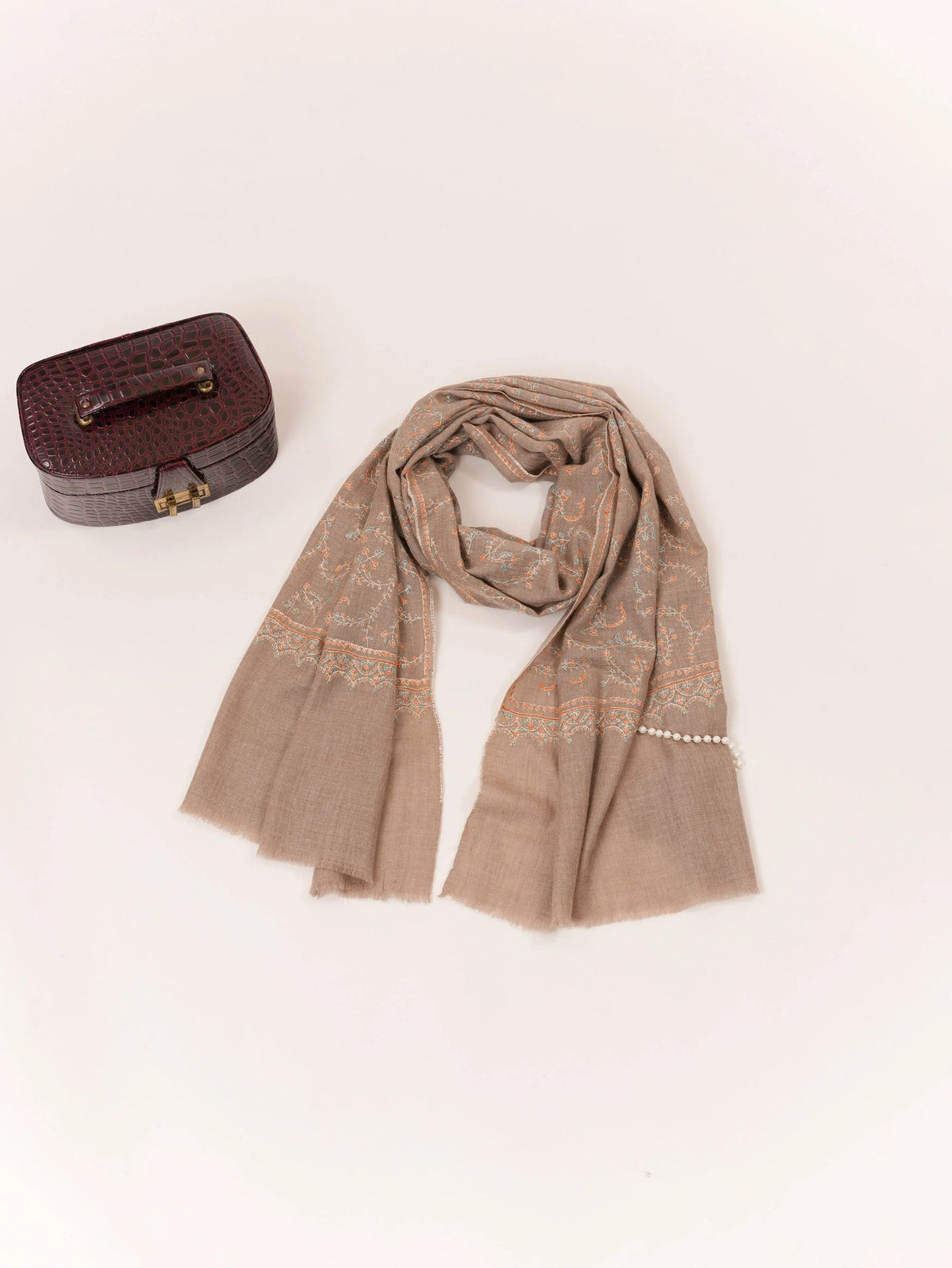Jali Sozni Embroidery Natural Taupe Handwoven Authentic Cashmere Scarf Shahkaar.com