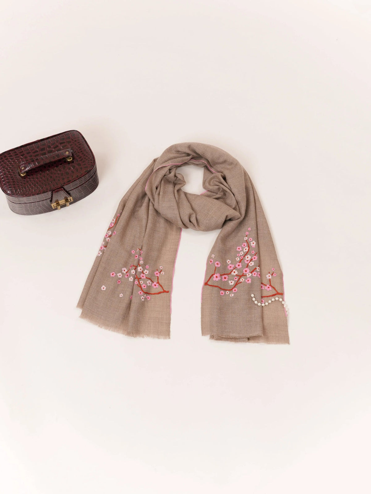 Palldar Almond Bloom Sozni Work Taupe Kashmiri Handwoven Cashmere Scarf Shahkaar.com