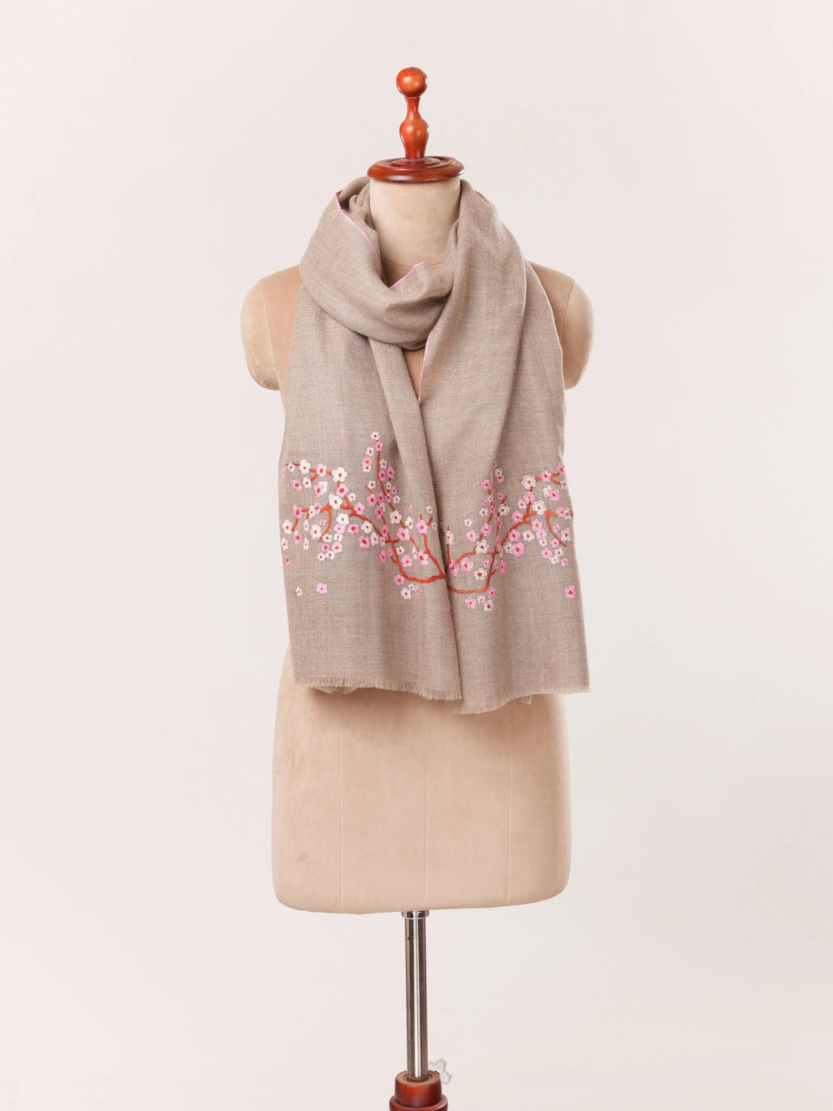 Palldar Almond Bloom Sozni Work Taupe Kashmiri Handwoven Cashmere Scarf Shahkaar.com