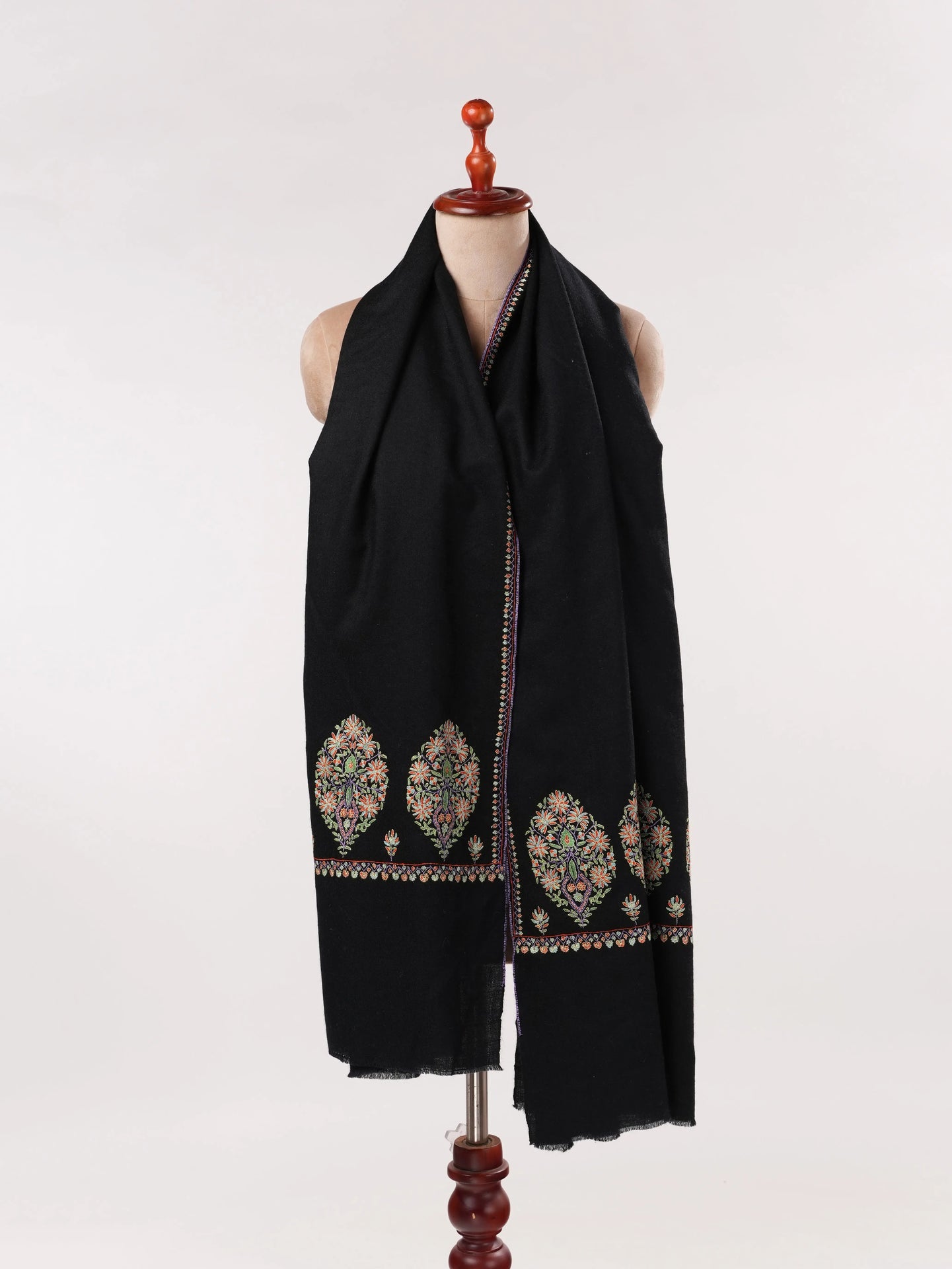 Kashmiri Handwoven Pashmina Black Shawl with Hand Sozni Palldar Embroidery Shahkaar.com
