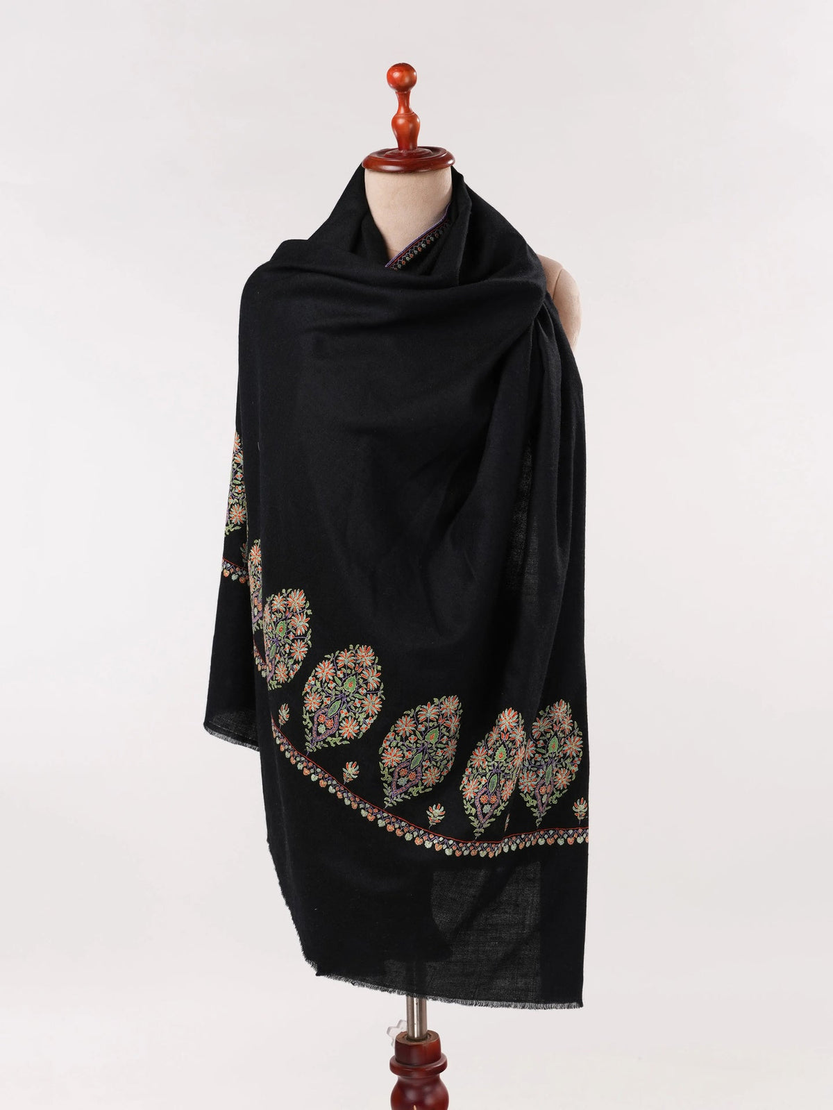 Kashmiri Handwoven Pashmina Black Shawl with Hand Sozni Palldar Embroidery Shahkaar.com