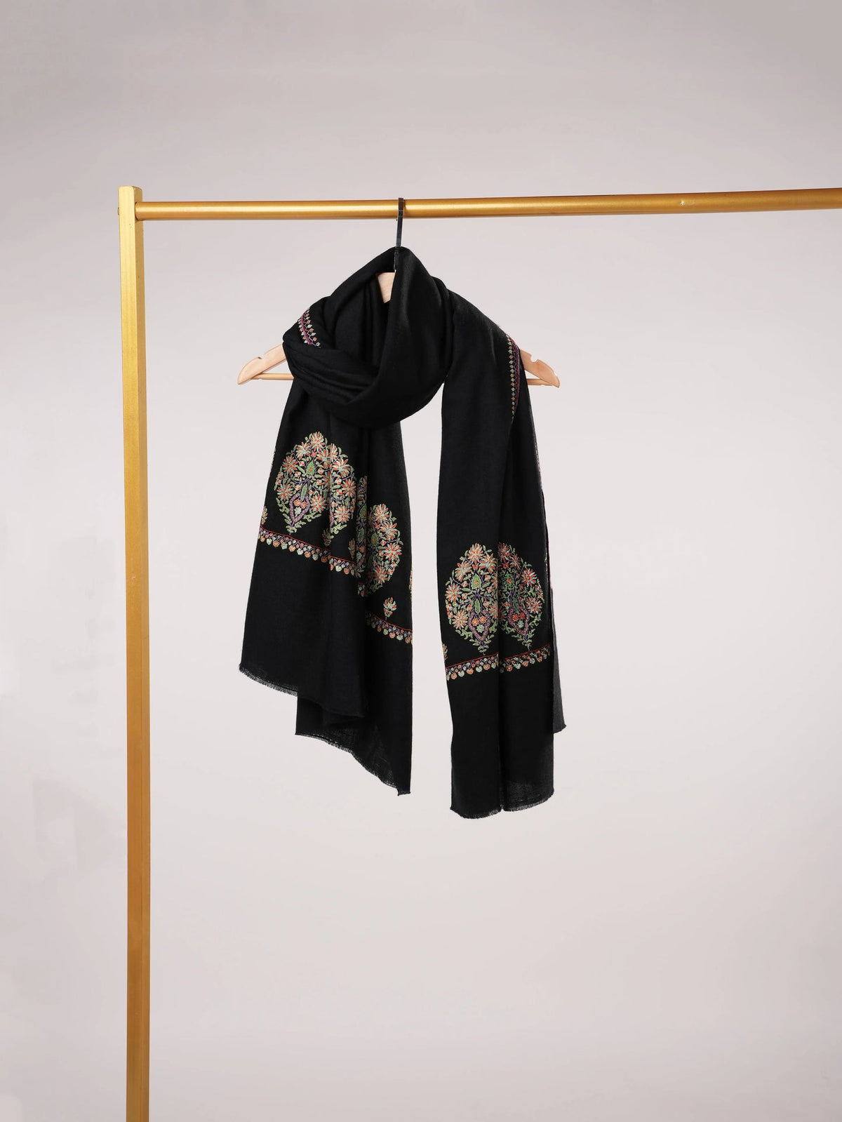 Kashmiri Handwoven Pashmina Black Shawl with Hand Sozni Palldar Embroidery Shahkaar.com