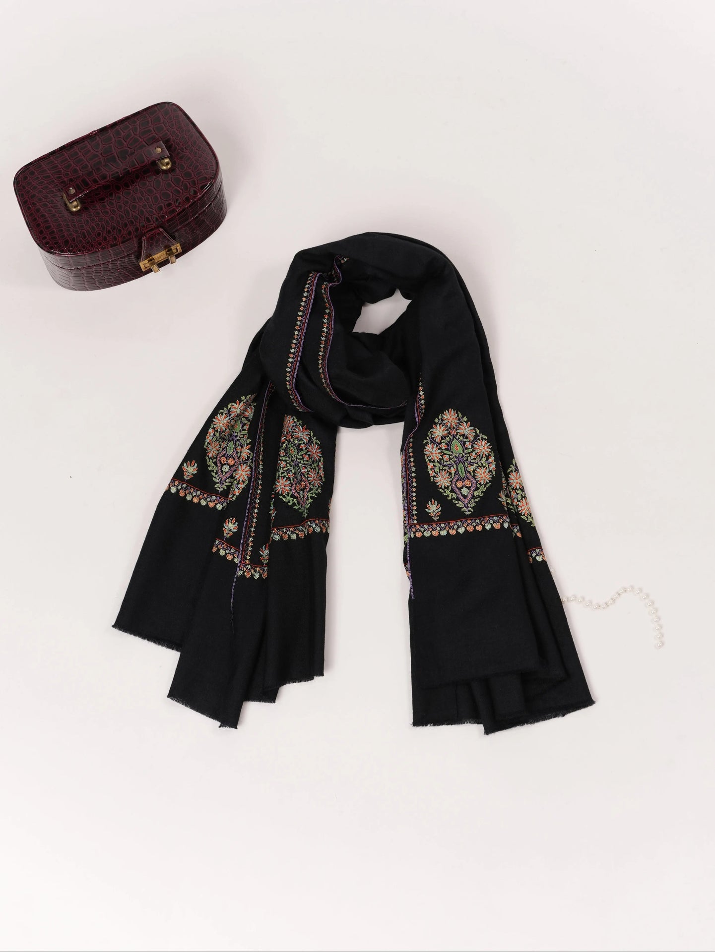 Kashmiri Handwoven Pashmina Black Shawl with Hand Sozni Palldar Embroidery Shahkaar.com