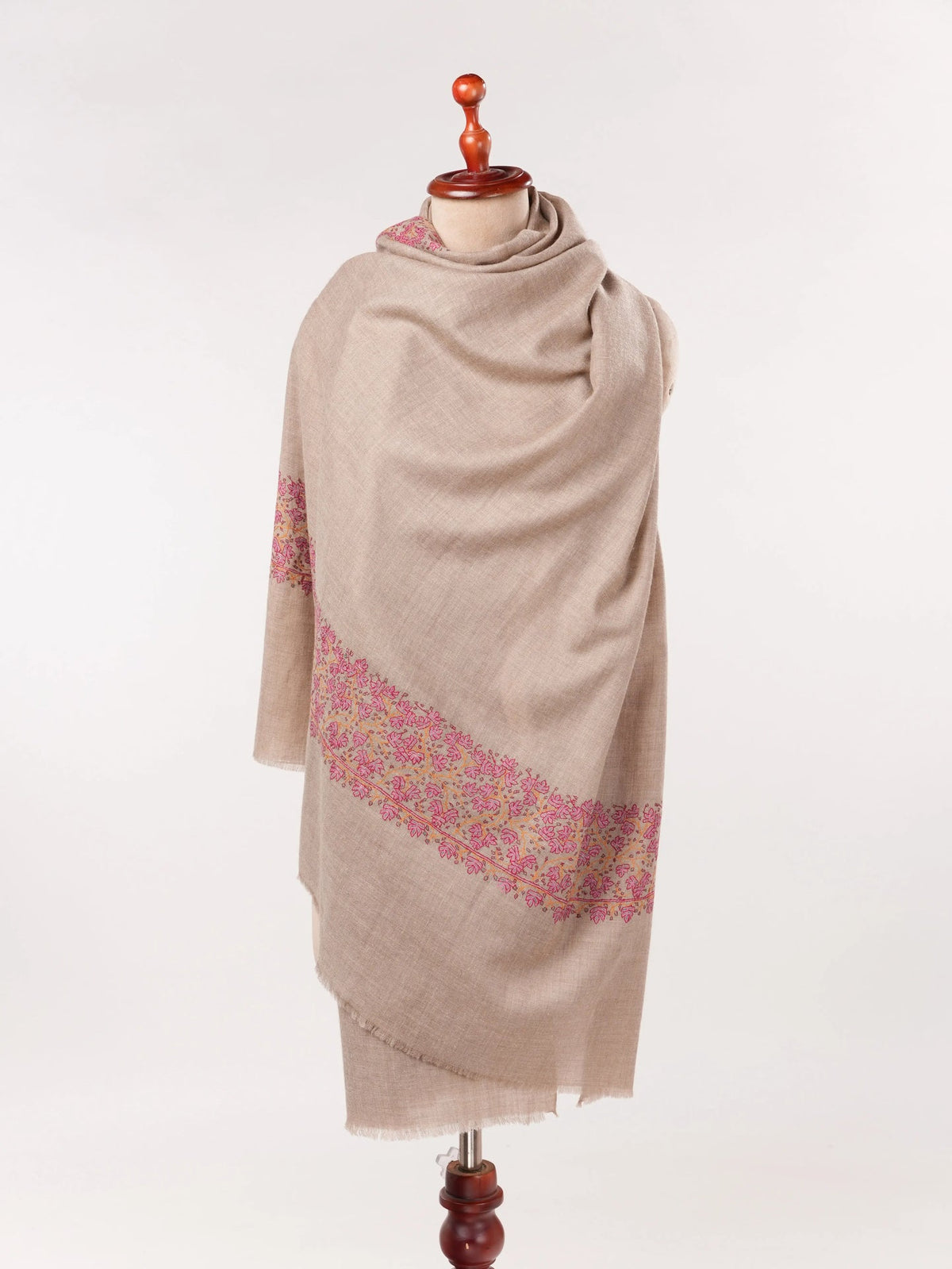 Natural Taupe Kashmiri Handwoven Pashmina Shawl with Daurdar Hand Sozni Embroidery Shahkaar.com