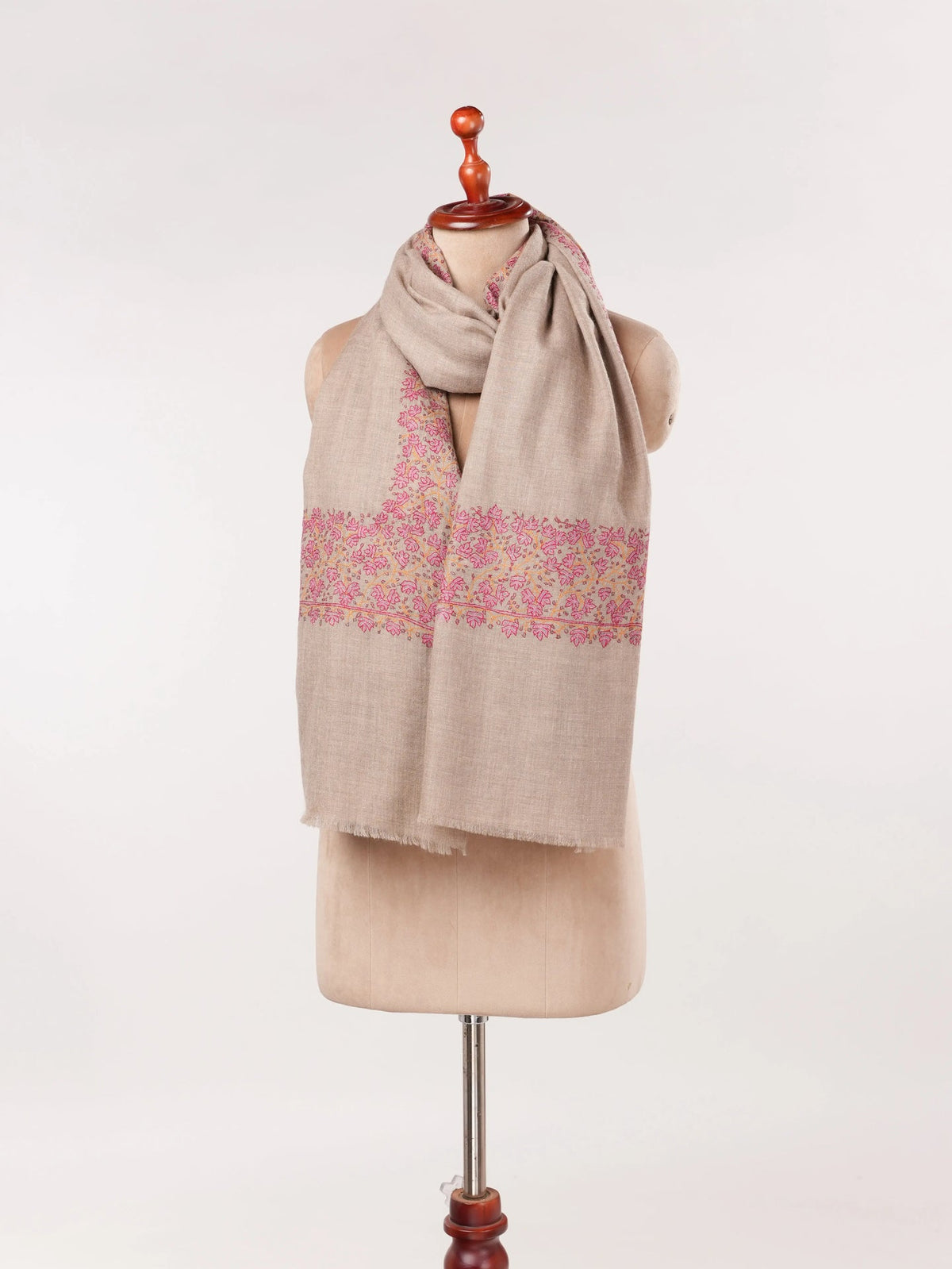 Natural Taupe Kashmiri Handwoven Pashmina Shawl with Daurdar Hand Sozni Embroidery Shahkaar.com