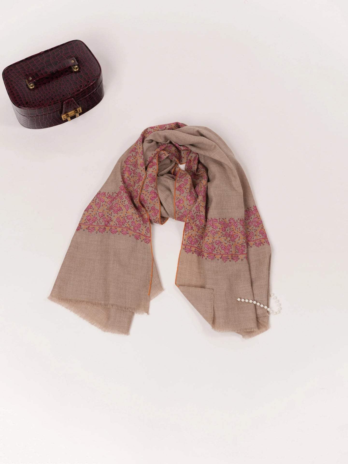 Natural Taupe Kashmiri Handwoven Pashmina Shawl with Daurdar Hand Sozni Embroidery Shahkaar.com