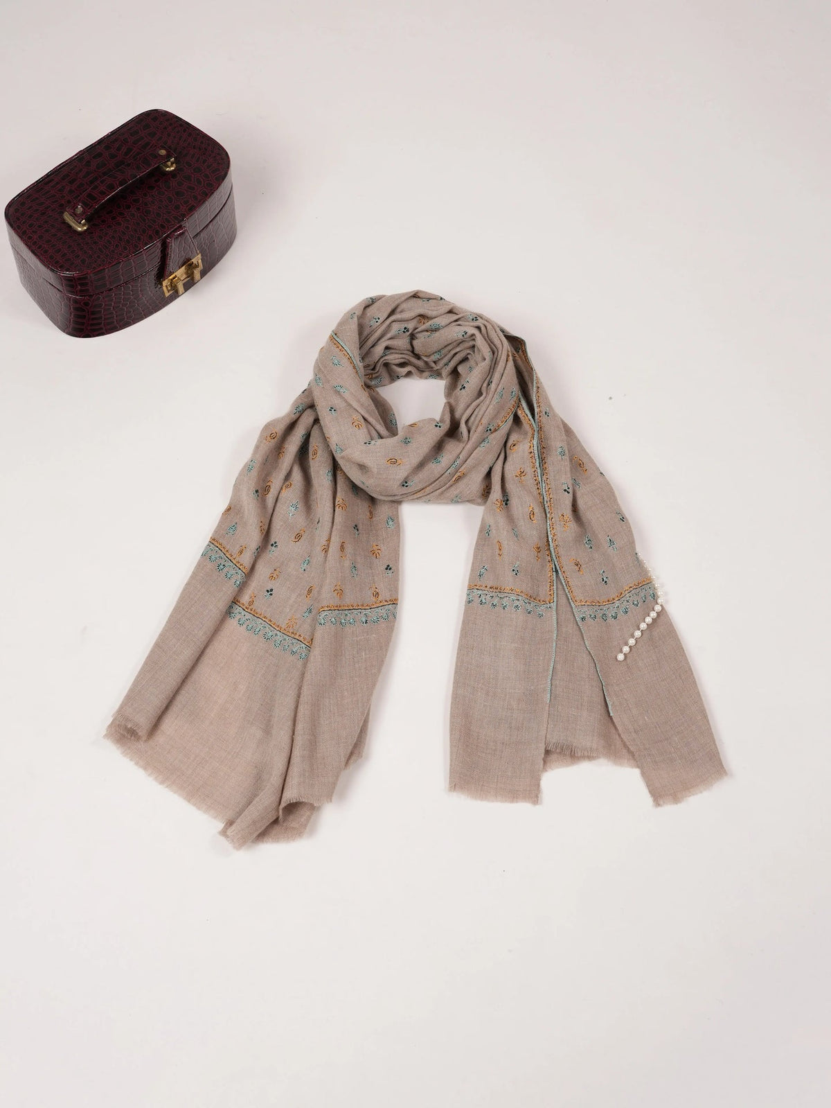 Sozni Buteh Embroidered Natural Beige Original Handwoven Pashmina Shawl