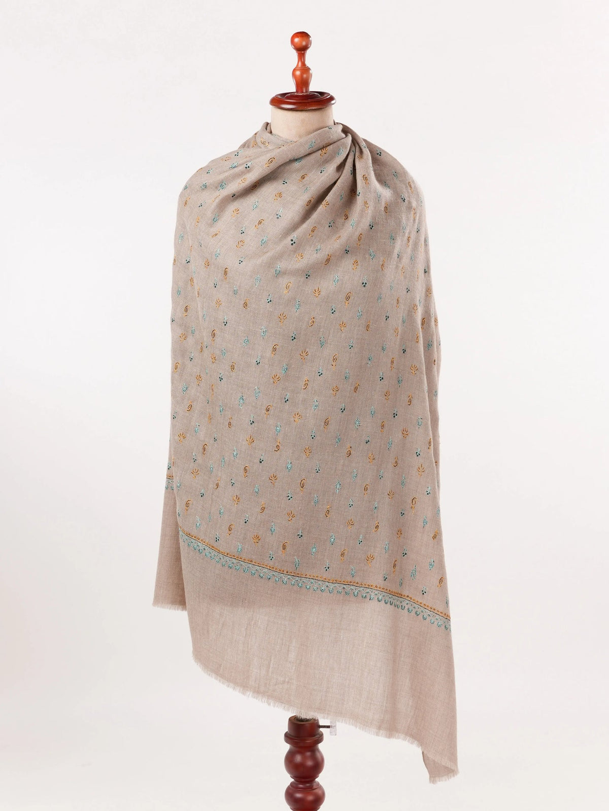 Sozni Buteh Embroidered Natural Beige Original Handwoven Pashmina Shawl