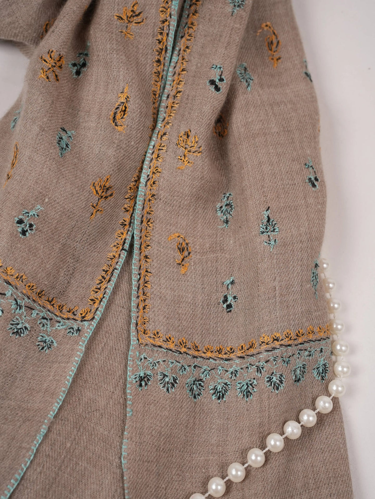 Sozni Buteh Embroidered Natural Beige Original Handwoven Pashmina Shawl