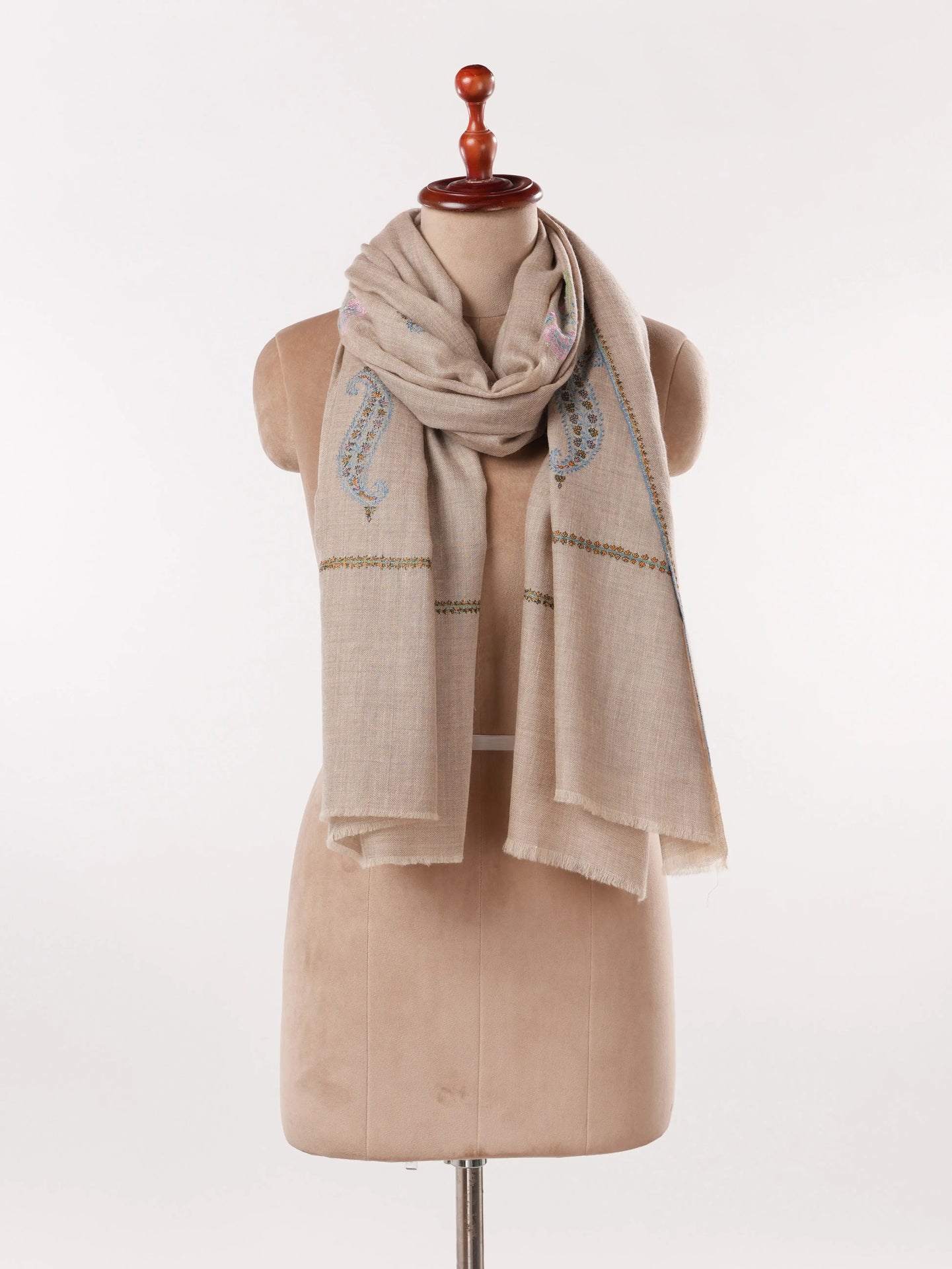 Beige Women's Kashmiri Soft Pashmina Shawl with Buteh Hand Sozni Embroidery Shahkaar.com