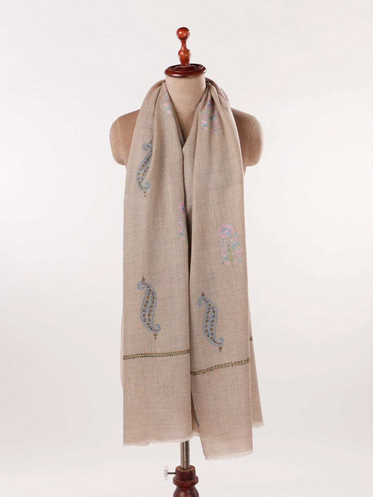 Beige Women's Kashmiri Soft Pashmina Shawl with Buteh Hand Sozni Embroidery Shahkaar.com