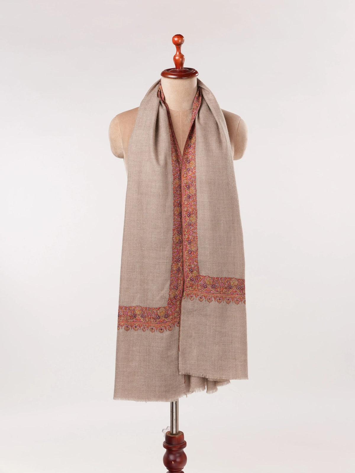 Neemdaur Natural Taupe Kashmiri Handwoven Pashmina Shawl with Hand Sozni Embroidery Shahkaar.com