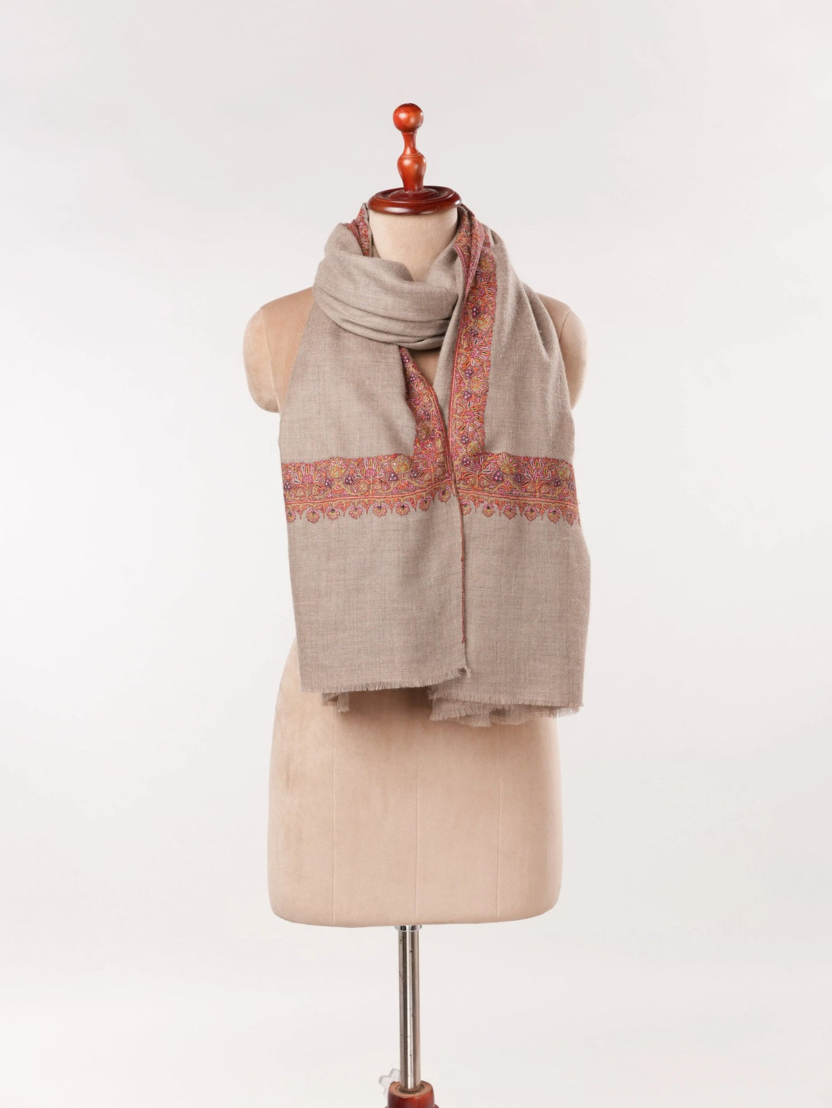 Neemdaur Natural Taupe Kashmiri Handwoven Pashmina Shawl with Hand Sozni Embroidery Shahkaar.com