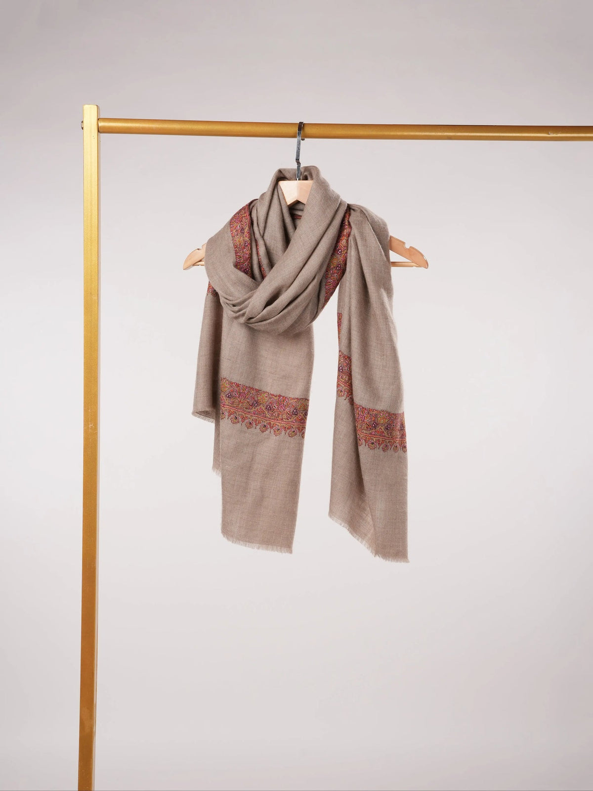 Neemdaur Natural Taupe Kashmiri Handwoven Pashmina Shawl with Hand Sozni Embroidery Shahkaar.com
