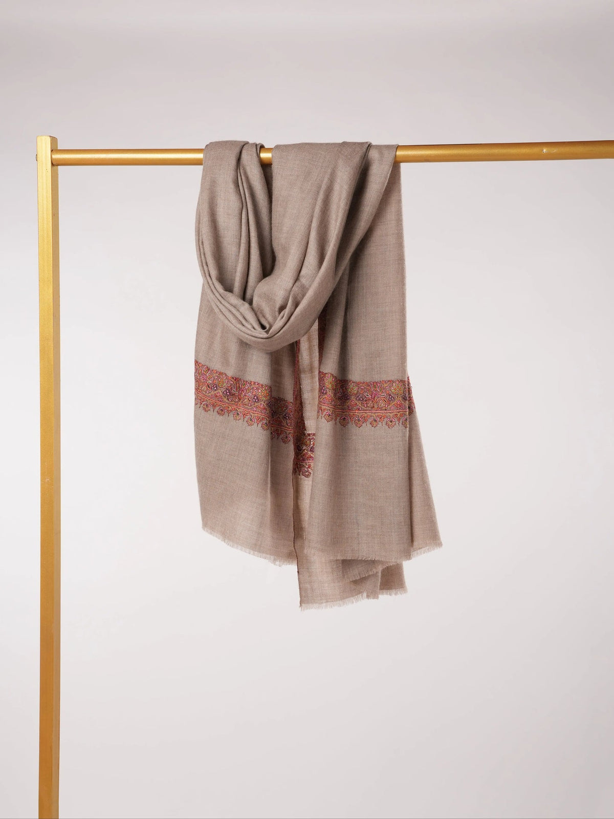 Neemdaur Natural Taupe Kashmiri Handwoven Pashmina Shawl with Hand Sozni Embroidery Shahkaar.com