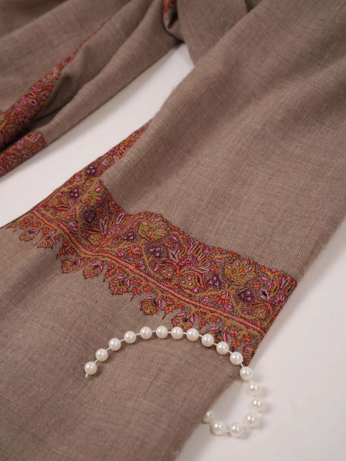 Neemdaur Natural Taupe Kashmiri Handwoven Pashmina Shawl with Hand Sozni Embroidery Shahkaar.com