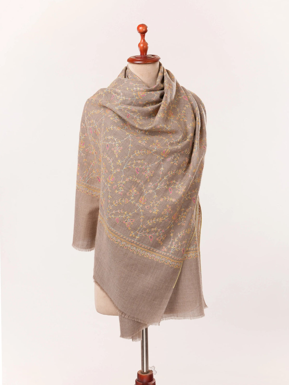 Hand Sozni Jali Embroidered Natural Taupe Handwoven Cashmere Scarf Shahkaar.com