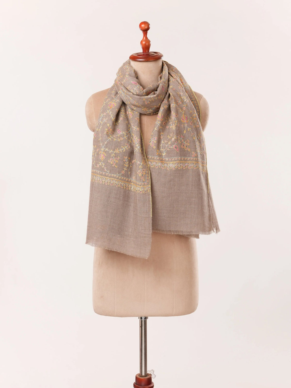 Hand Sozni Jali Embroidered Natural Taupe Handwoven Cashmere Scarf Shahkaar.com