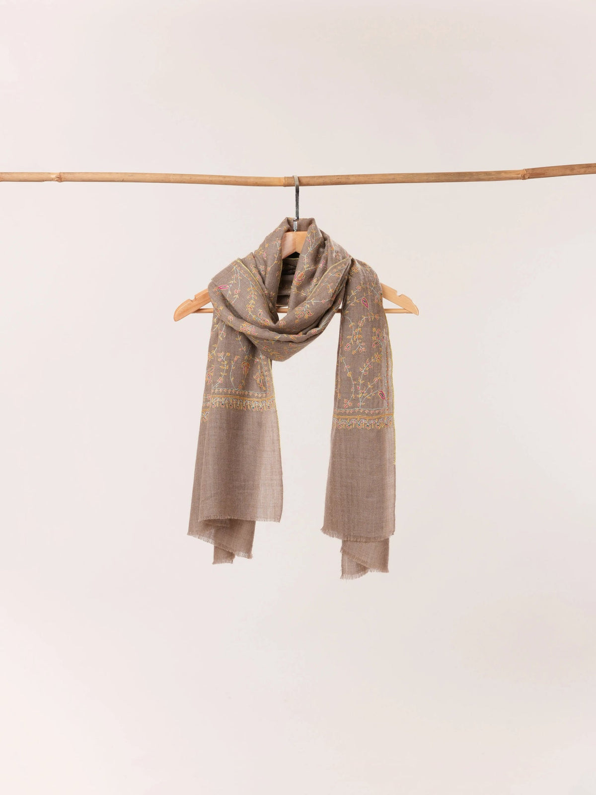 Hand Sozni Jali Embroidered Natural Taupe Handwoven Cashmere Scarf Shahkaar.com