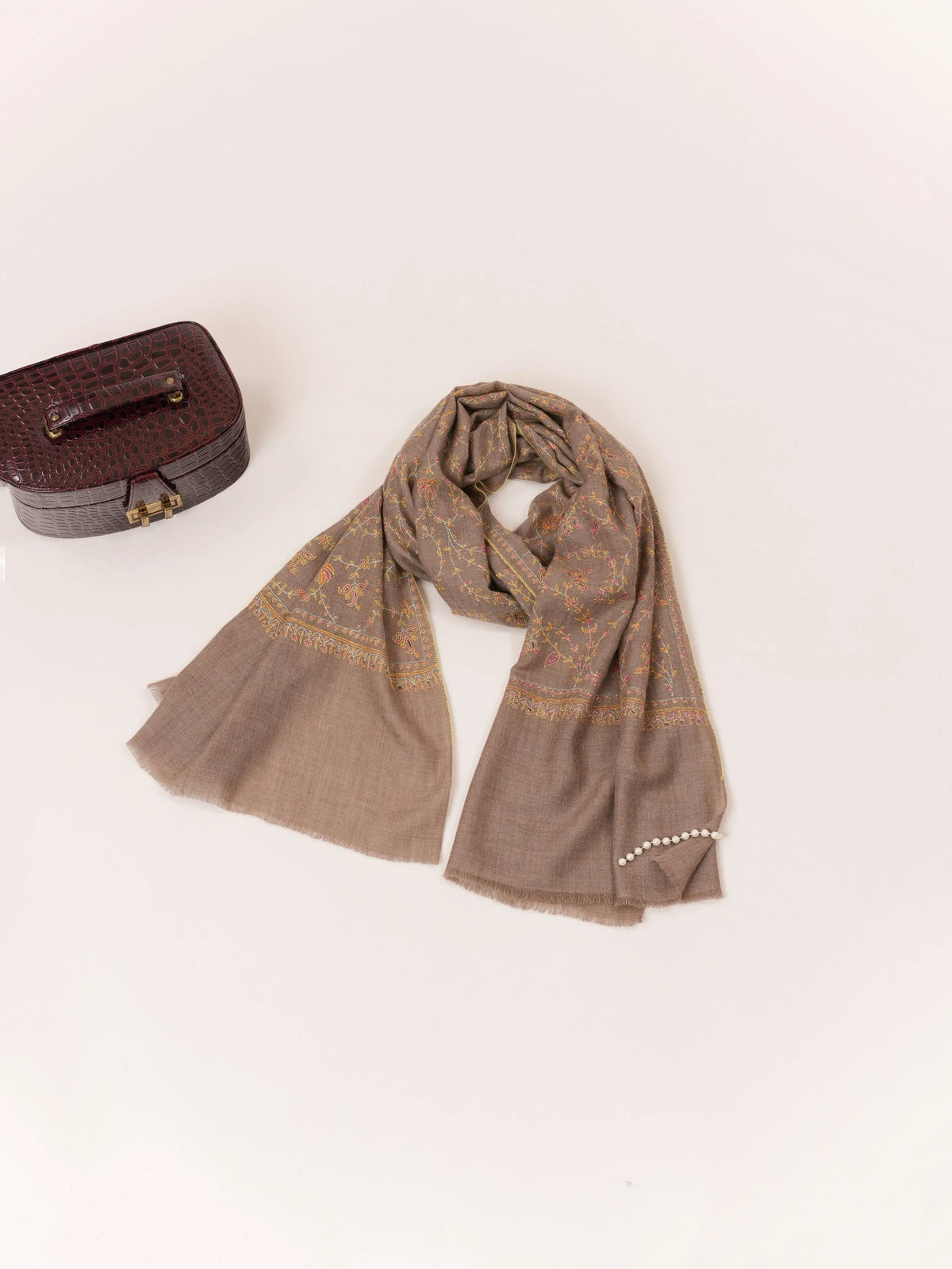 Hand Sozni Jali Embroidered Natural Taupe Handwoven Cashmere Scarf Shahkaar.com