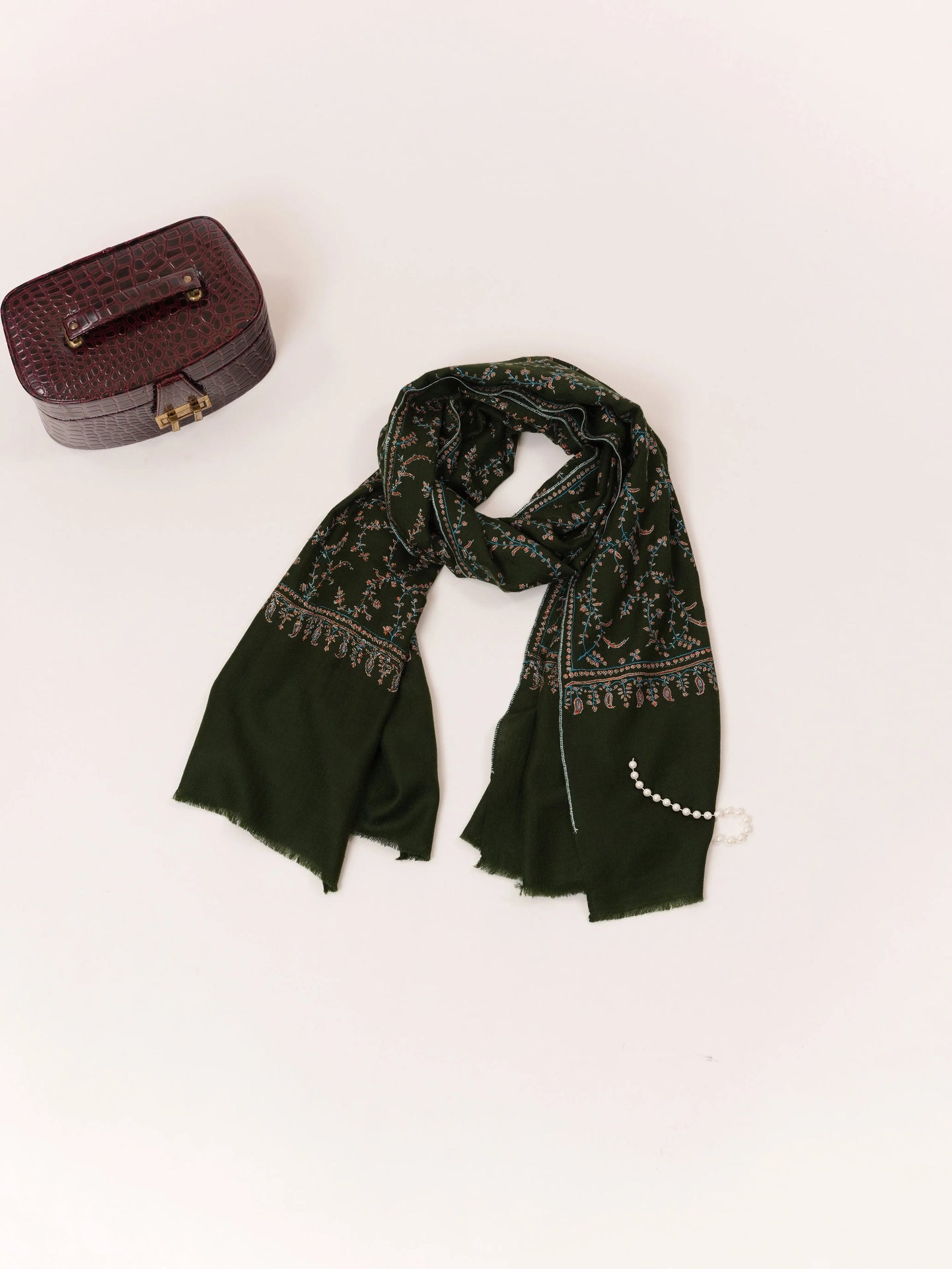 Sozni Jali Embroidery Dark Green Handwoven Kashmiri Cashmere Scarf Shahkaar.com