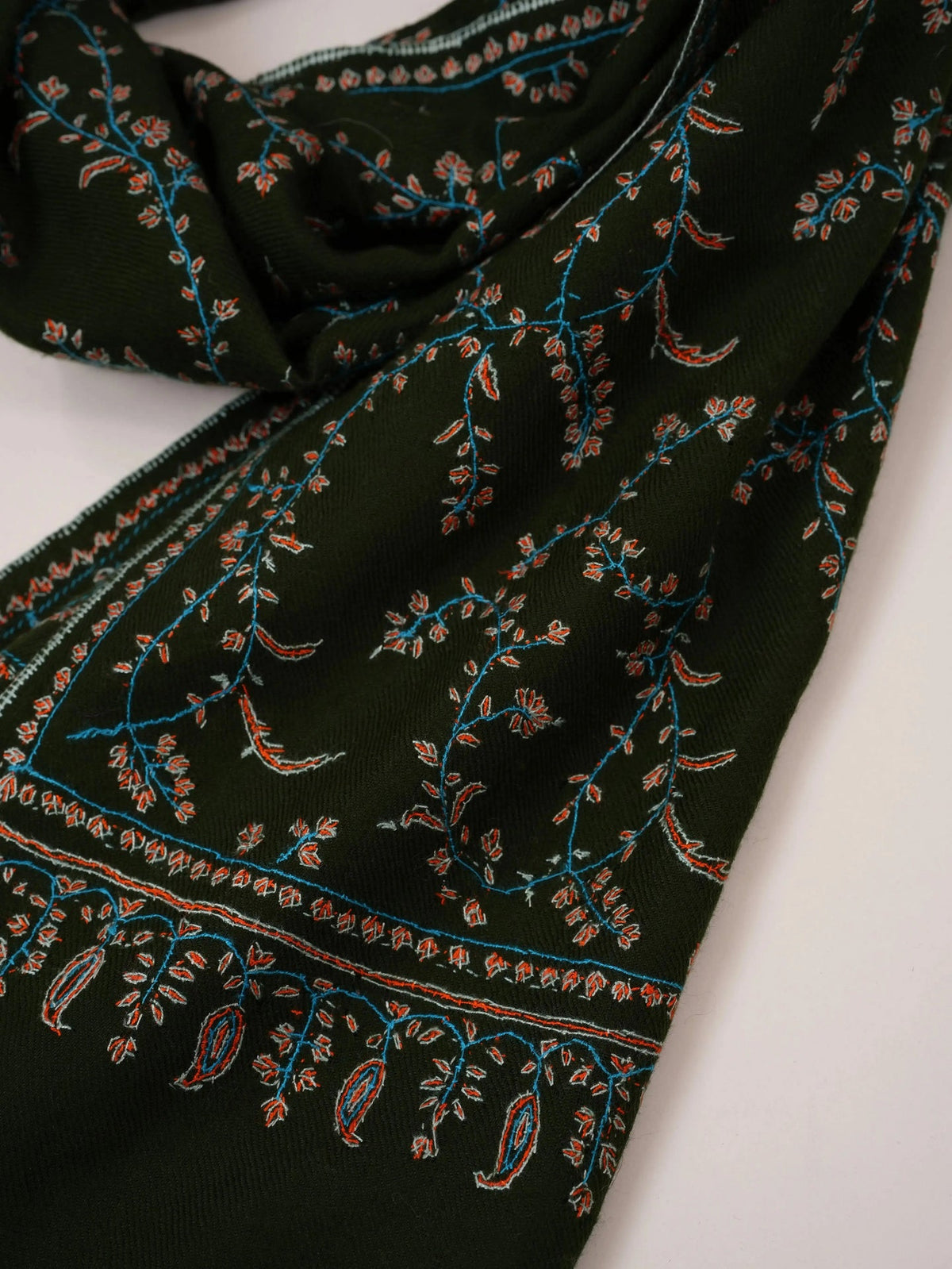 Sozni Jali Embroidery Dark Green Handwoven Kashmiri Cashmere Scarf Shahkaar.com