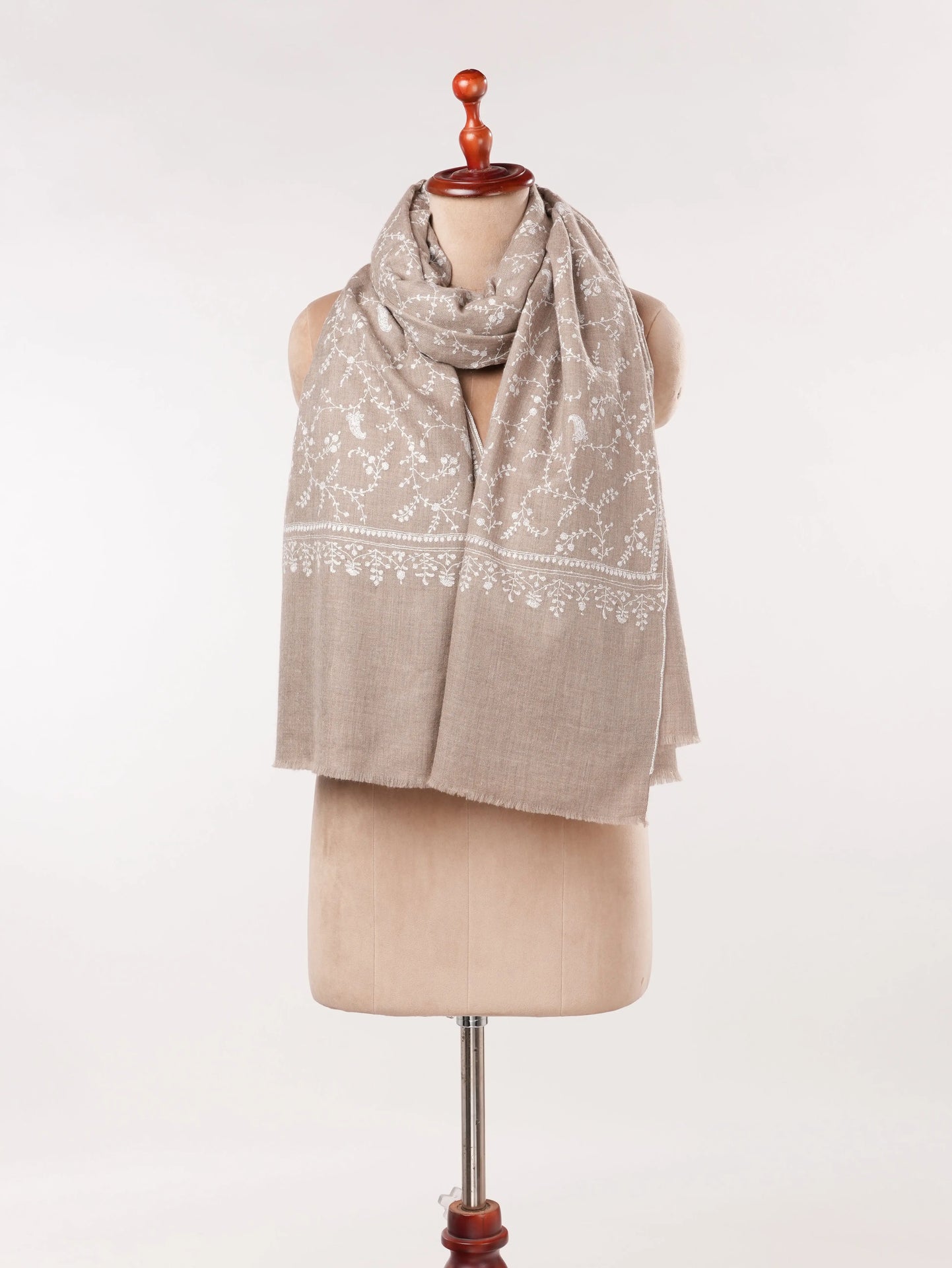 White Jali Hand Embroidered Natural Taupe Kashmiri Handwoven Pashmina Shawl Shahkaar.com
