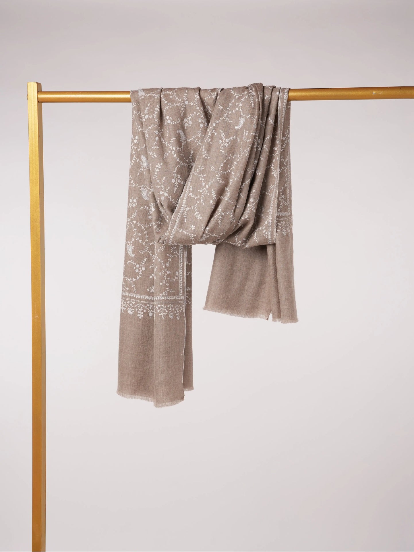 White Jali Hand Embroidered Natural Taupe Kashmiri Handwoven Pashmina Shawl Shahkaar.com