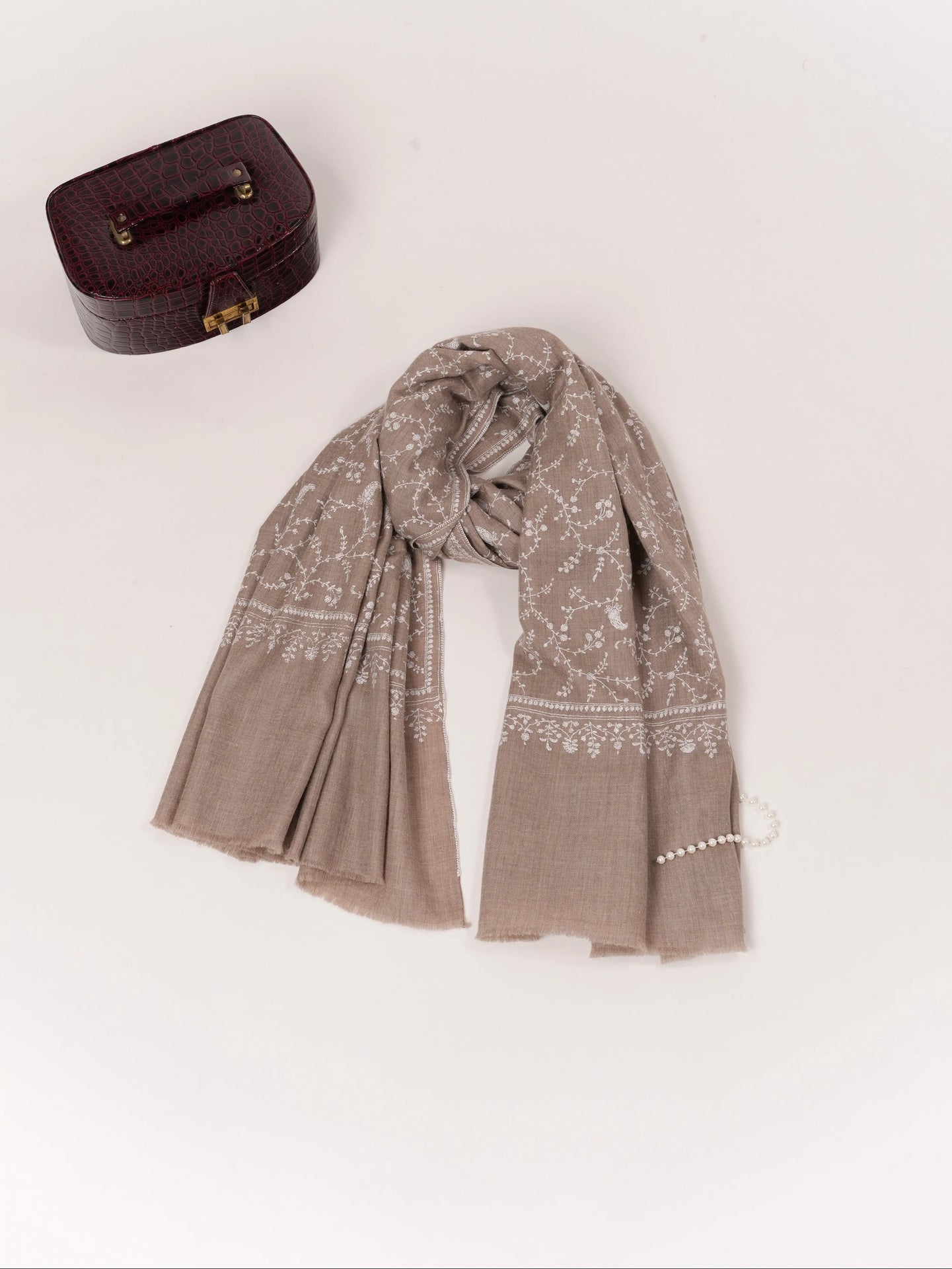 White Jali Hand Embroidered Natural Taupe Kashmiri Handwoven Pashmina Shawl Shahkaar.com
