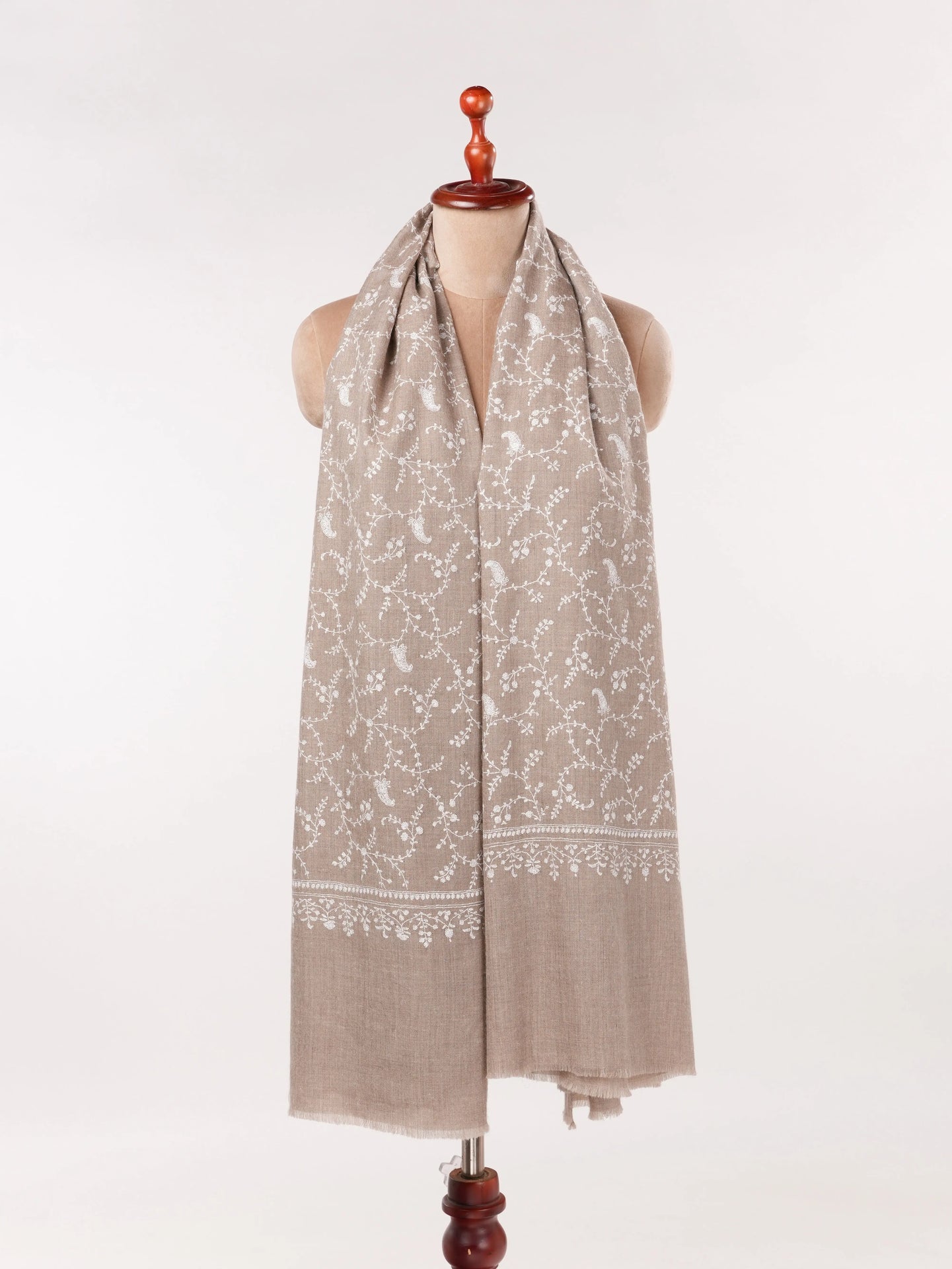 White Jali Hand Embroidered Natural Taupe Kashmiri Handwoven Pashmina Shawl Shahkaar.com