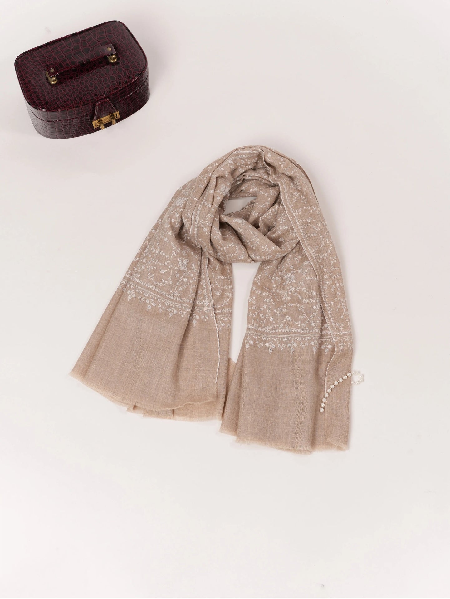 White Hand Embroidered Jali Natural White Kashmiri Handwoven Pashmina Shawl Shahkaar.com