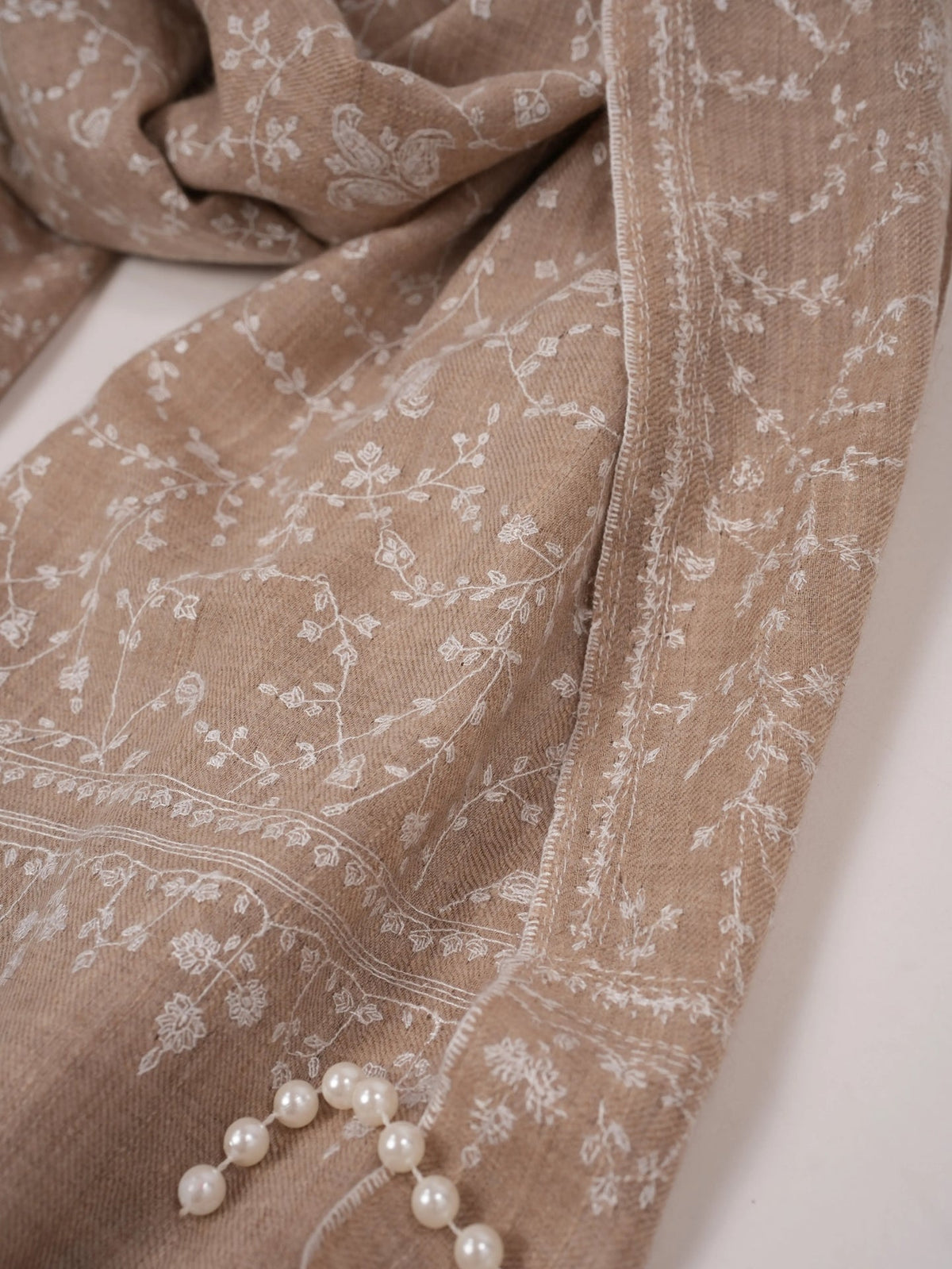 White Hand Embroidered Jali Natural White Kashmiri Handwoven Pashmina Shawl Shahkaar.com
