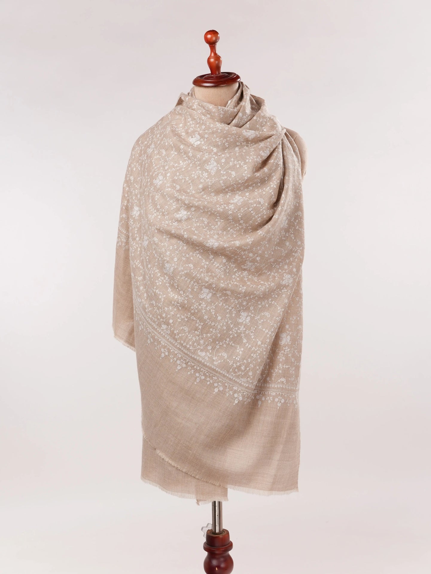 White Hand Embroidered Jali Natural White Kashmiri Handwoven Pashmina Shawl Shahkaar.com